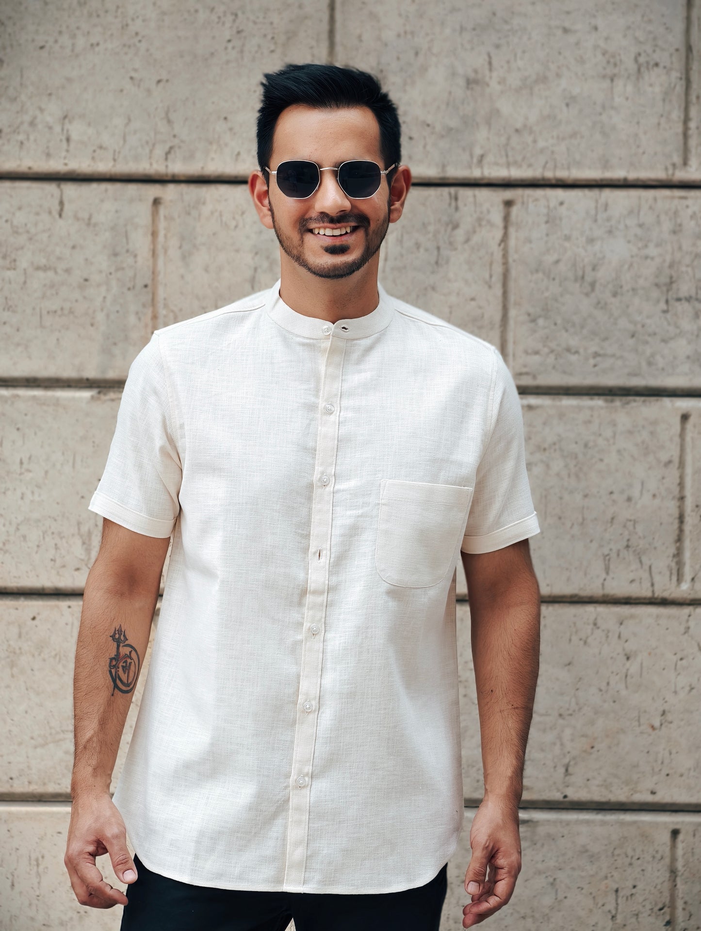 Men’s Short Sleeve Cream Mandarin Collar Shirt