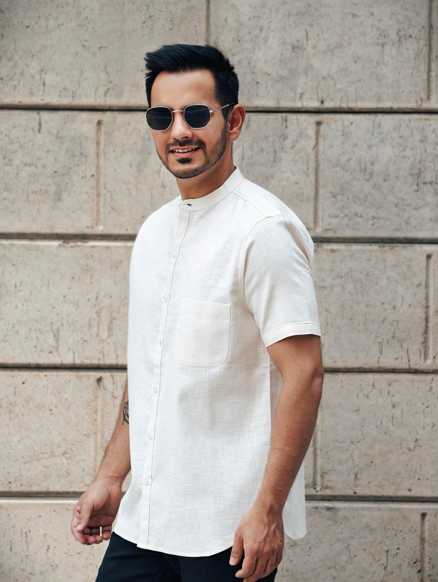 Men’s Short Sleeve Cream Mandarin Collar Shirt