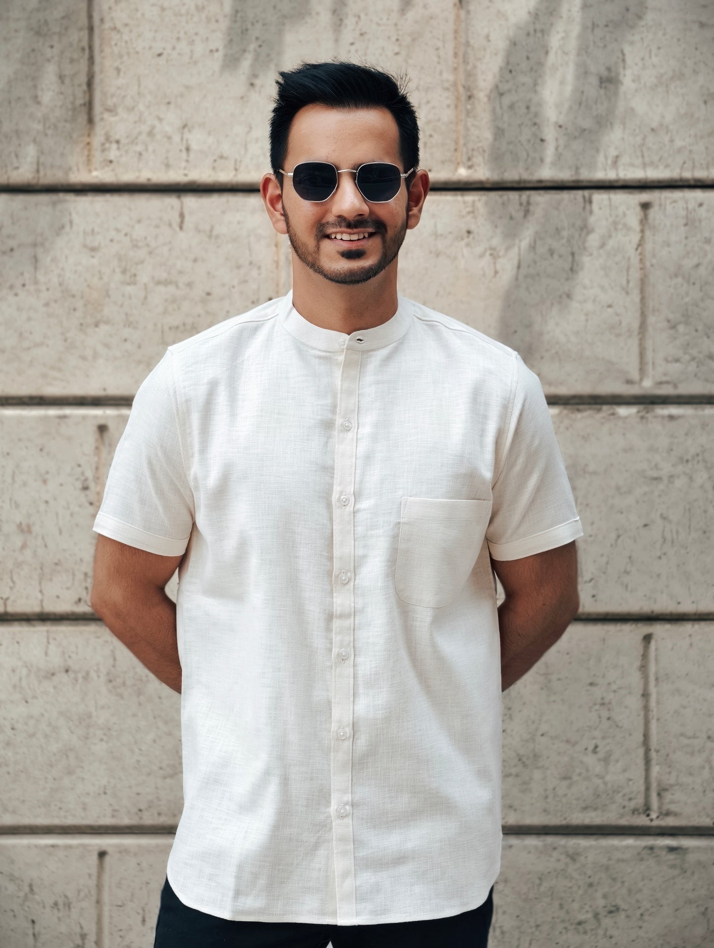 Men’s Short Sleeve Cream Mandarin Collar Shirt