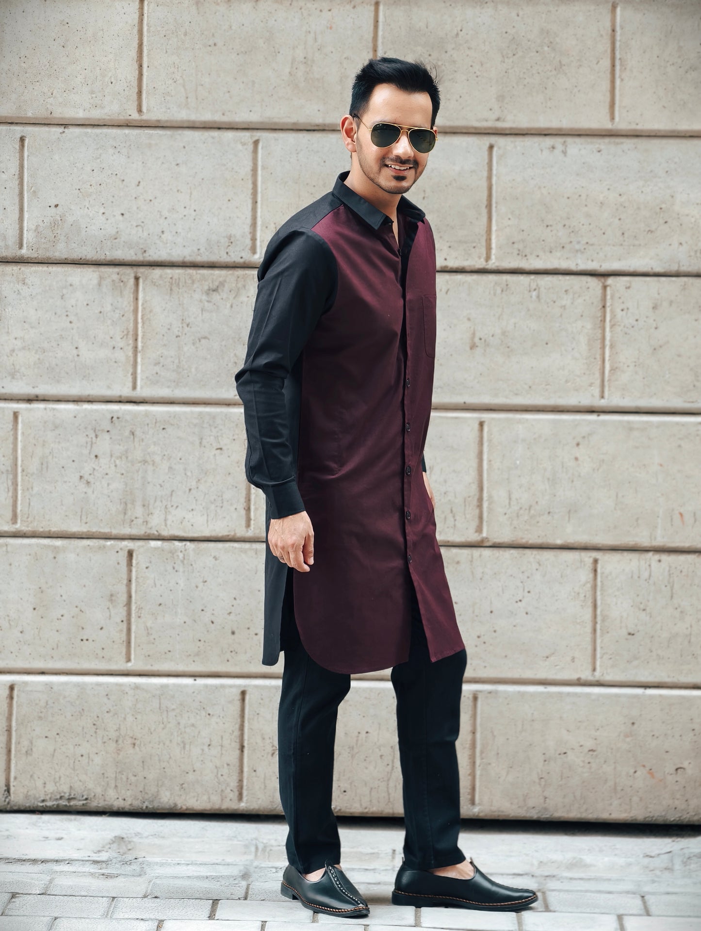 Men’s Dual-Tone Longline Shirt and Pajama Pants– Maroon & Black Designer Fusion