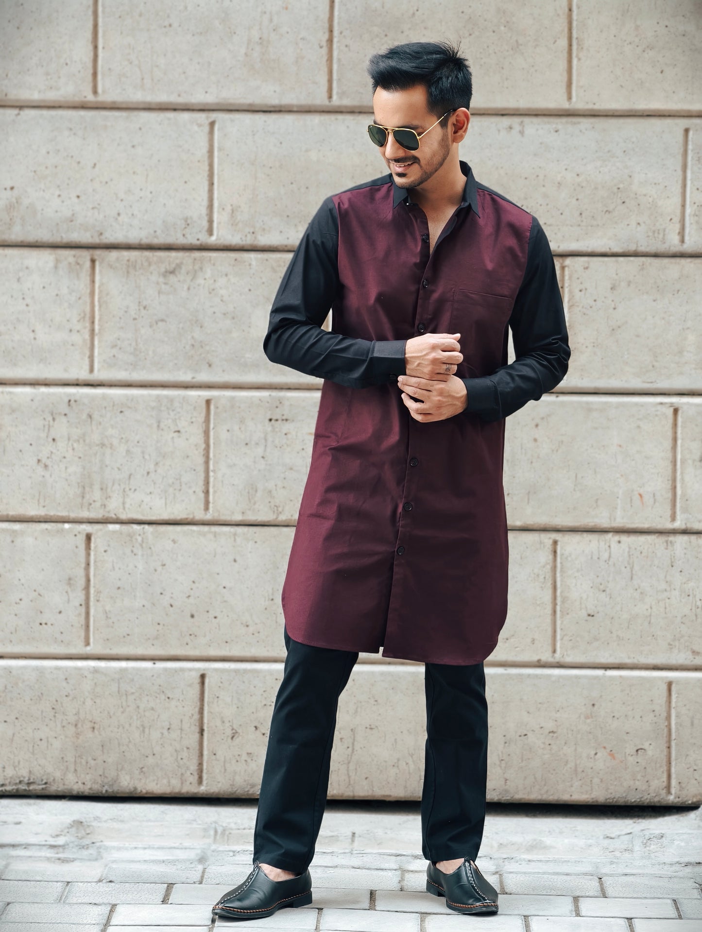 Men’s Dual-Tone Longline Shirt and Pajama Pants– Maroon & Black Designer Fusion
