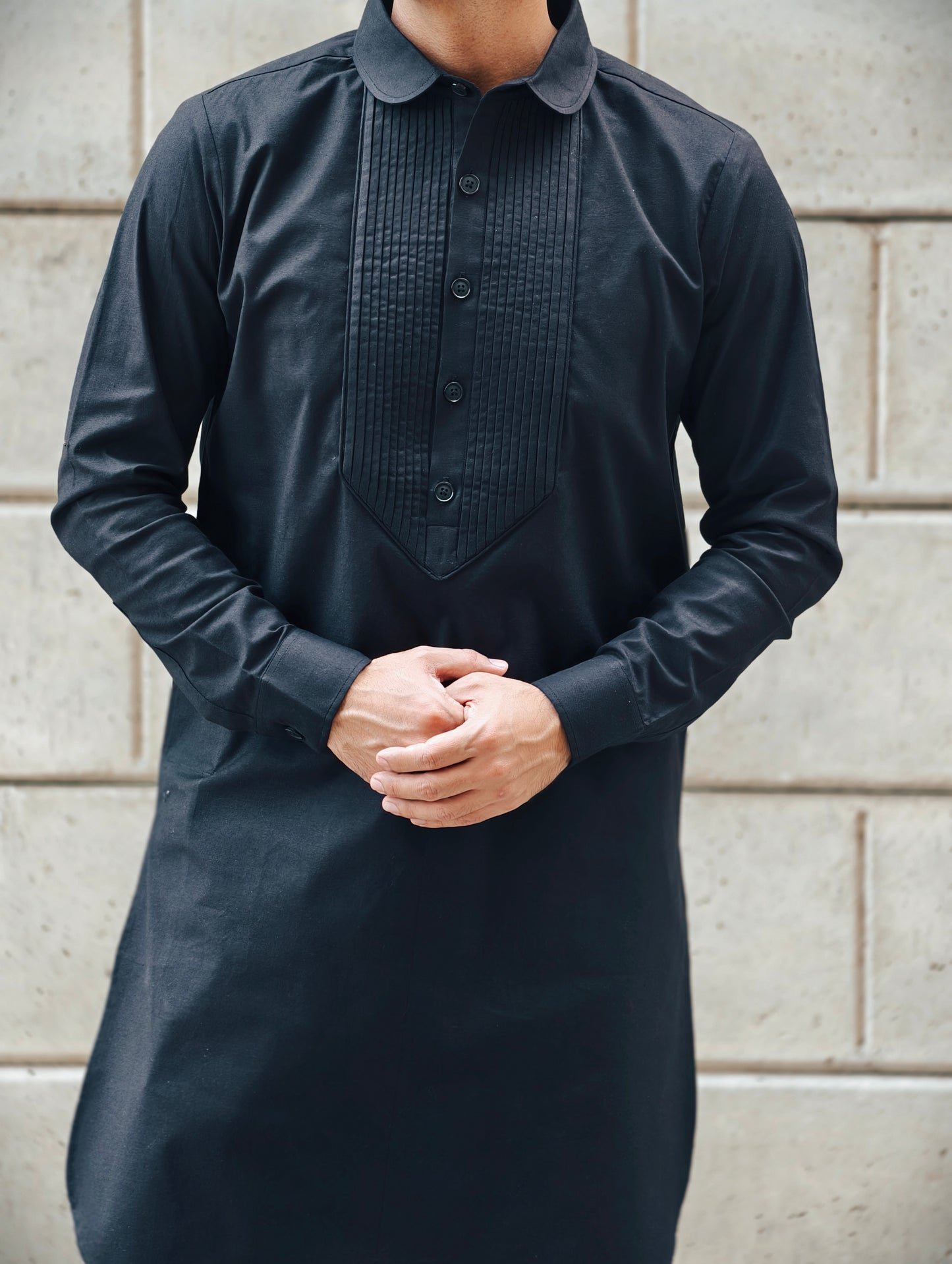 Men’s Classic Black Kurta with Pleated Placket Detailing