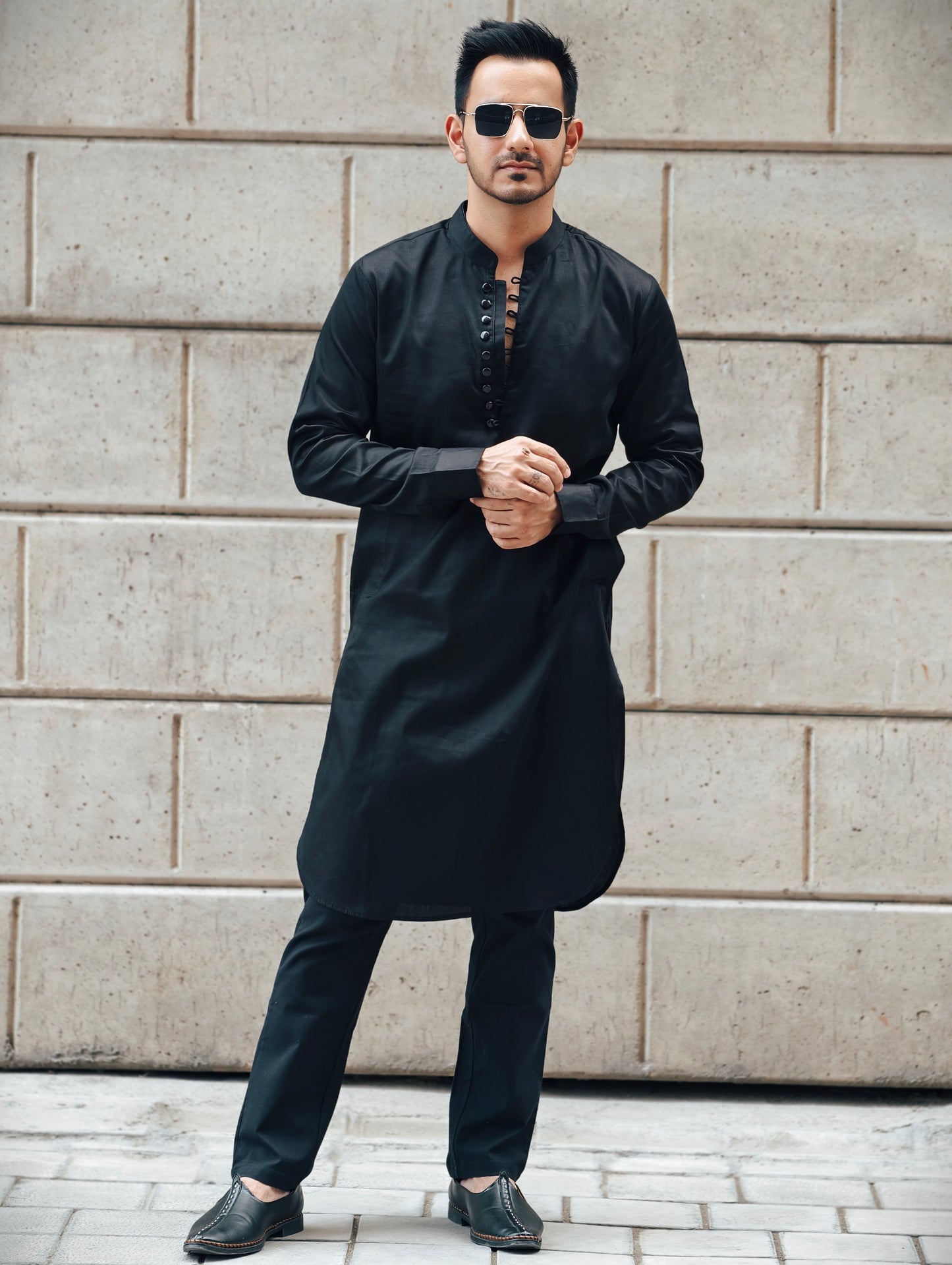 Men’s Black Loop Button Placket Kurta Pajama Set