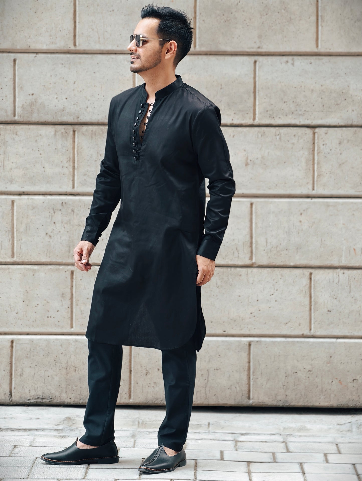 Men’s Black Loop Button Placket Kurta Pajama Set
