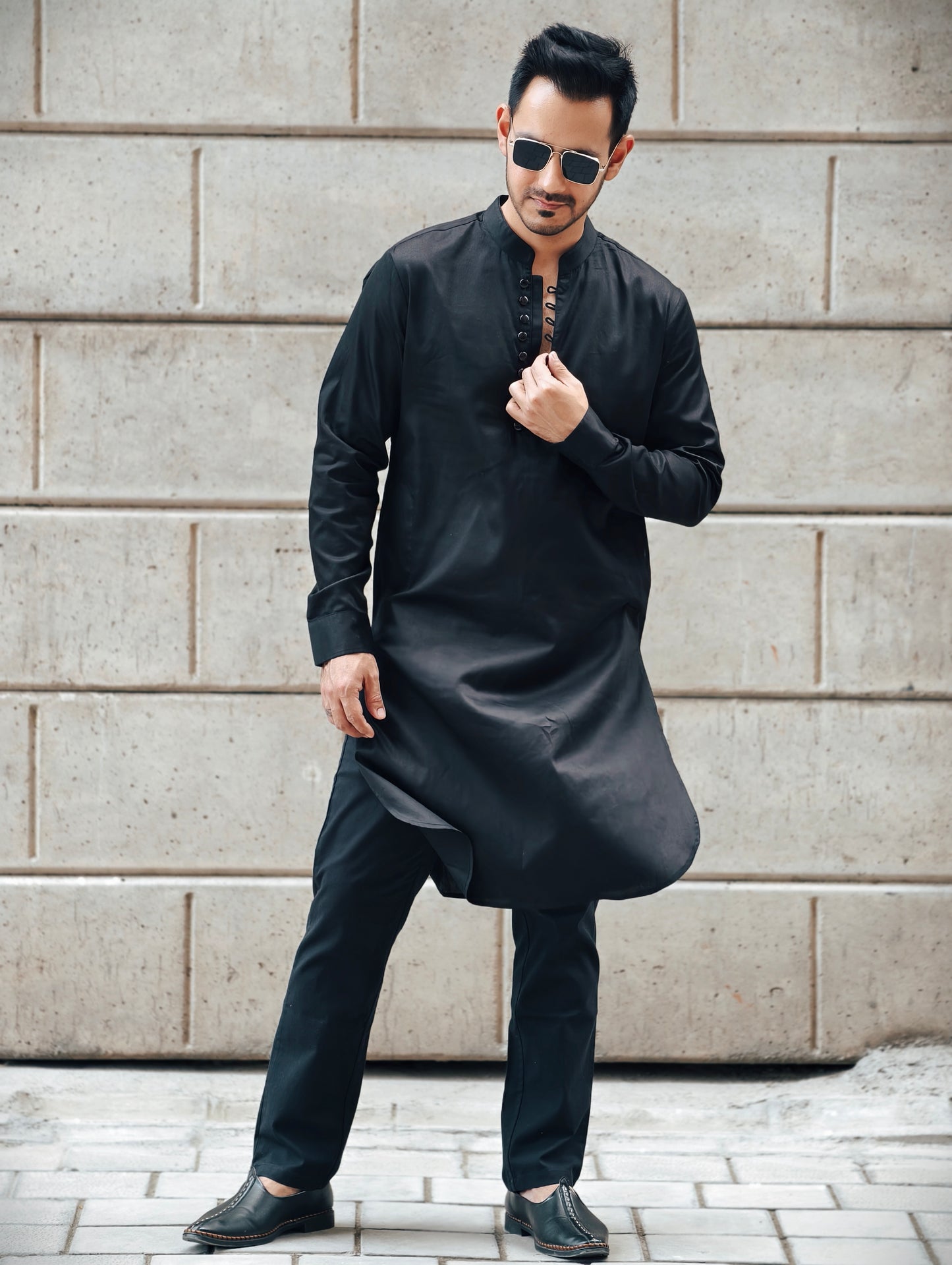 Men’s Black Loop Button Placket Kurta Pajama Set