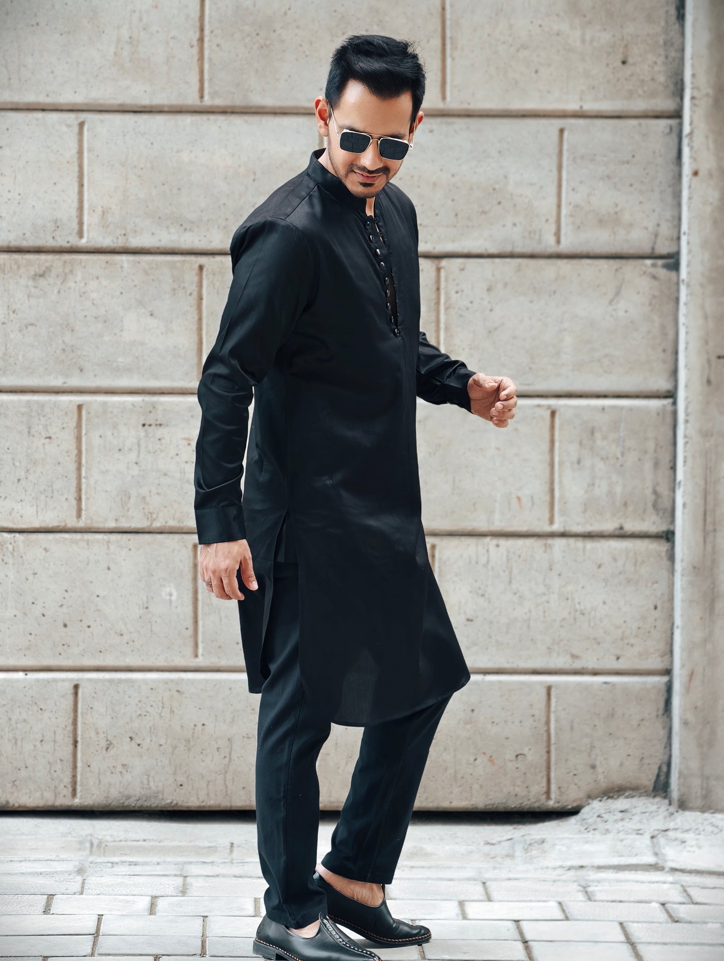 Men’s Black Loop Button Placket Kurta Pajama Set