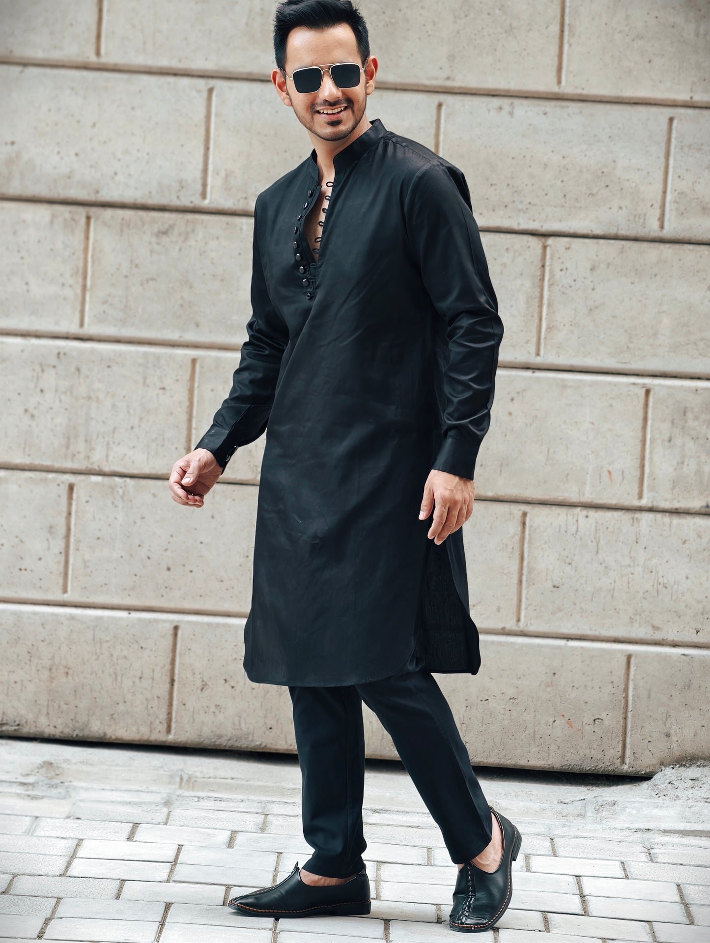 Men’s Black Loop Button Placket Kurta Pajama Set