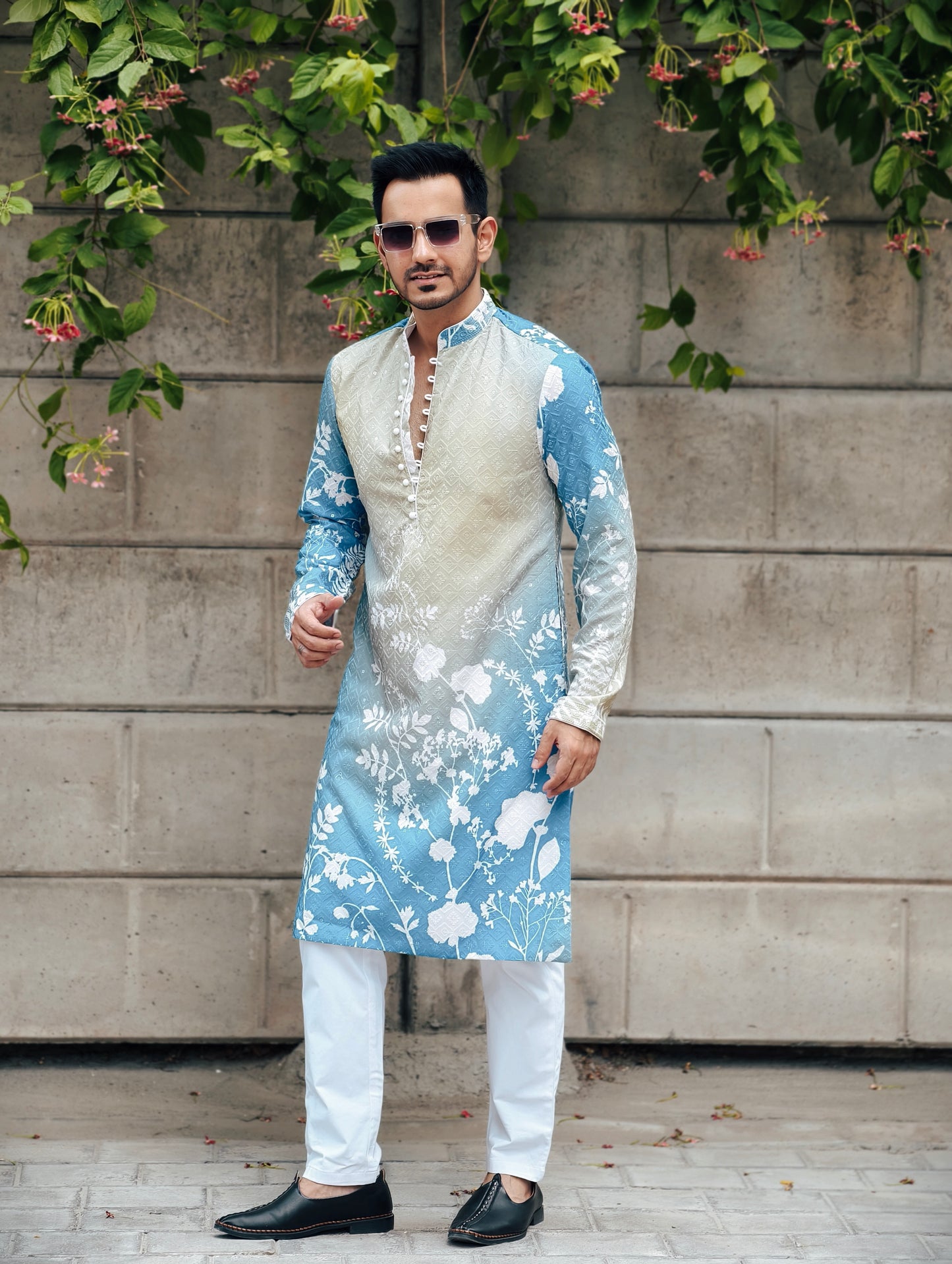 Men’s Ombre Blue-Green Floral Print Kurta with Pajama