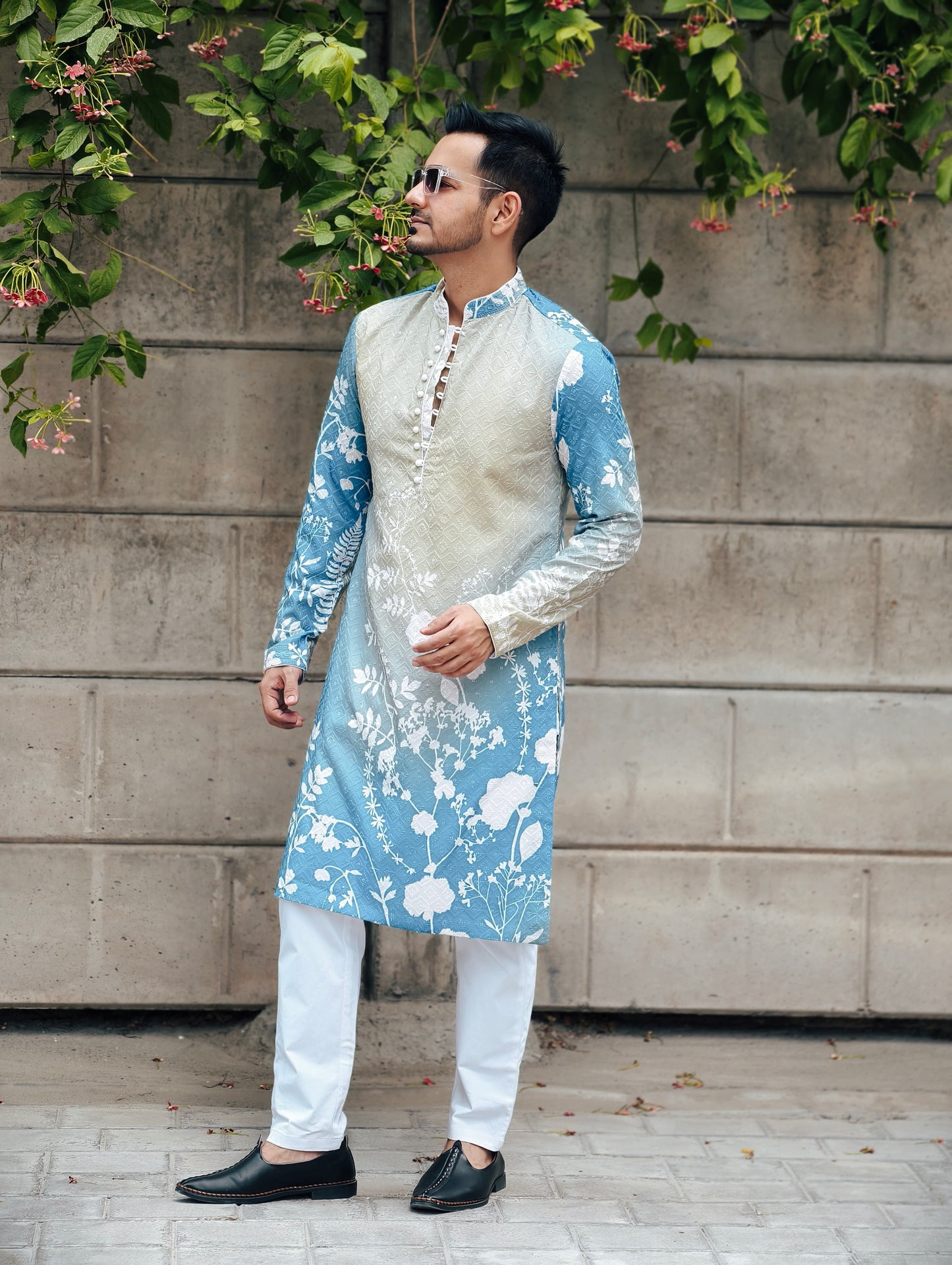 Men’s Ombre Blue-Green Floral Print Kurta with Pajama