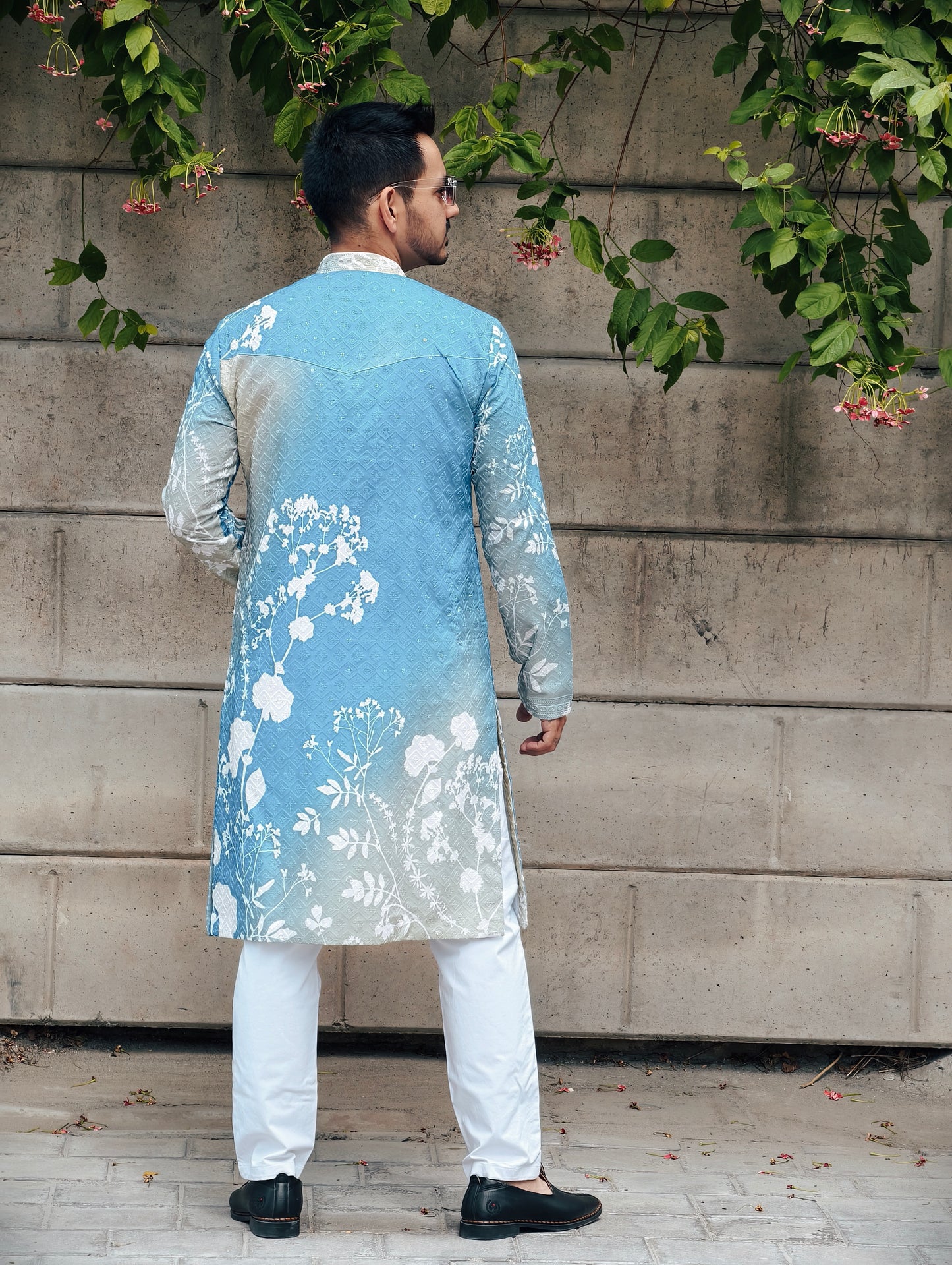 Men’s Ombre Blue-Green Floral Print Kurta with Pajama