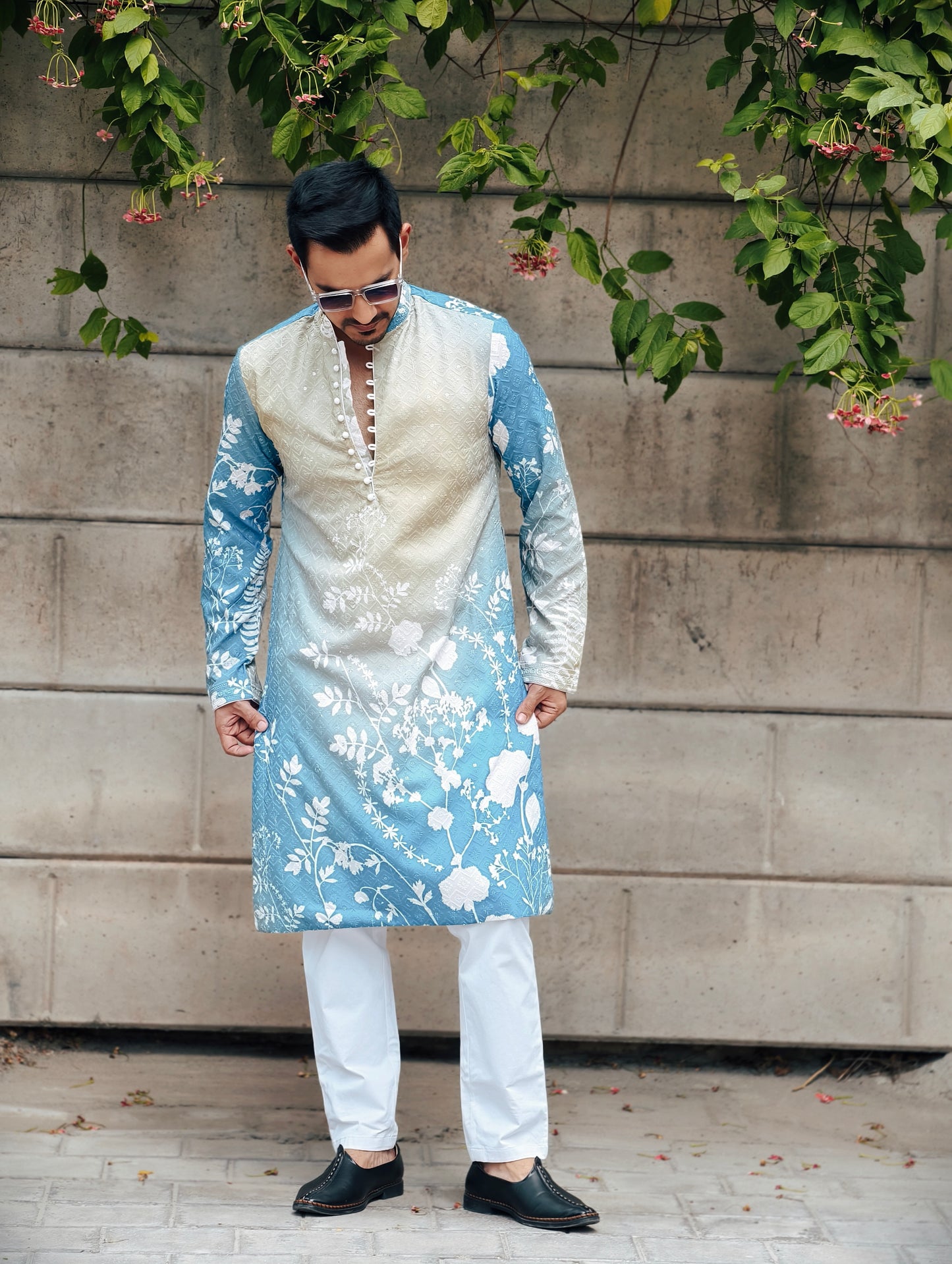Men’s Ombre Blue-Green Floral Print Kurta with Pajama
