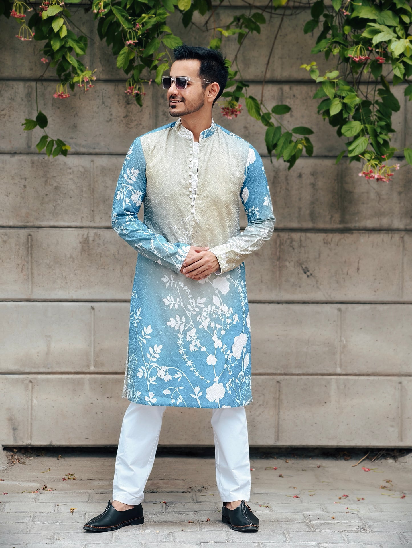 Men’s Ombre Blue-Green Floral Print Kurta with Pajama