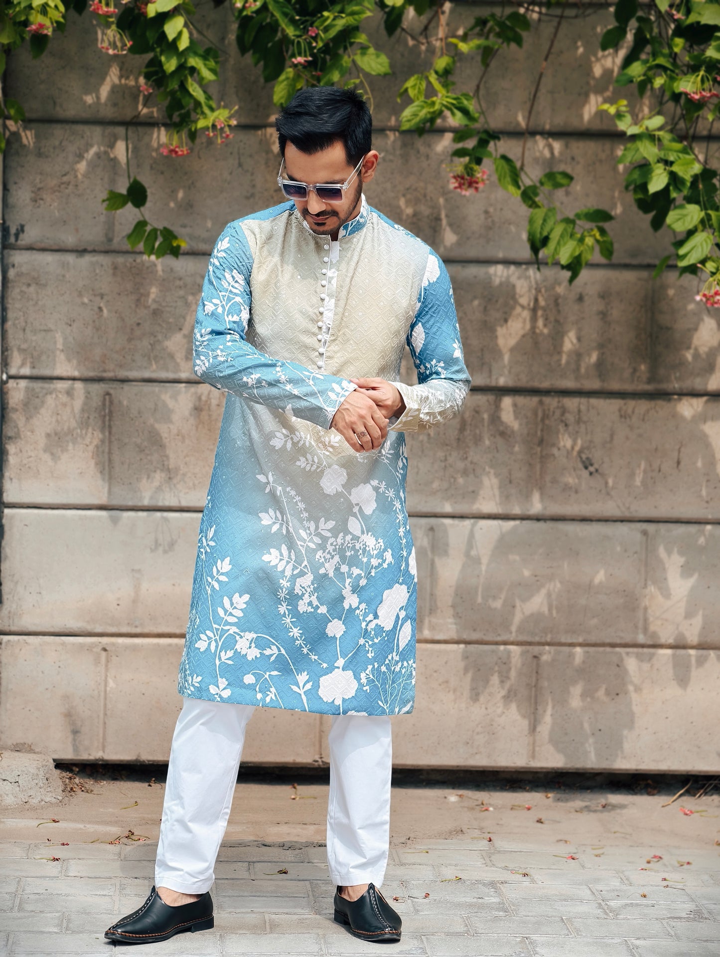 Men’s Ombre Blue-Green Floral Print Kurta with Pajama