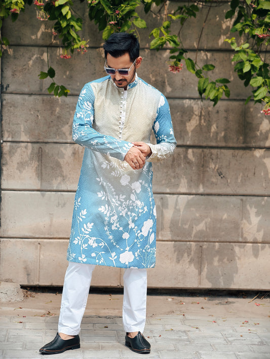Men’s Ombre Blue Green Floral Print Kurta Pajama Set