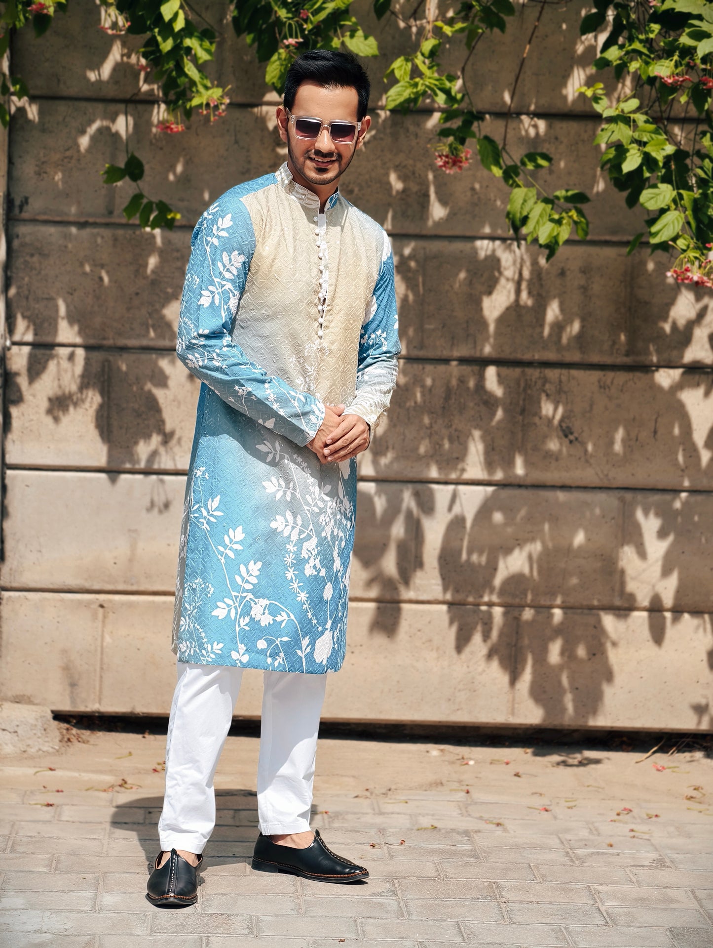 Men’s Ombre Blue-Green Floral Print Kurta with Pajama