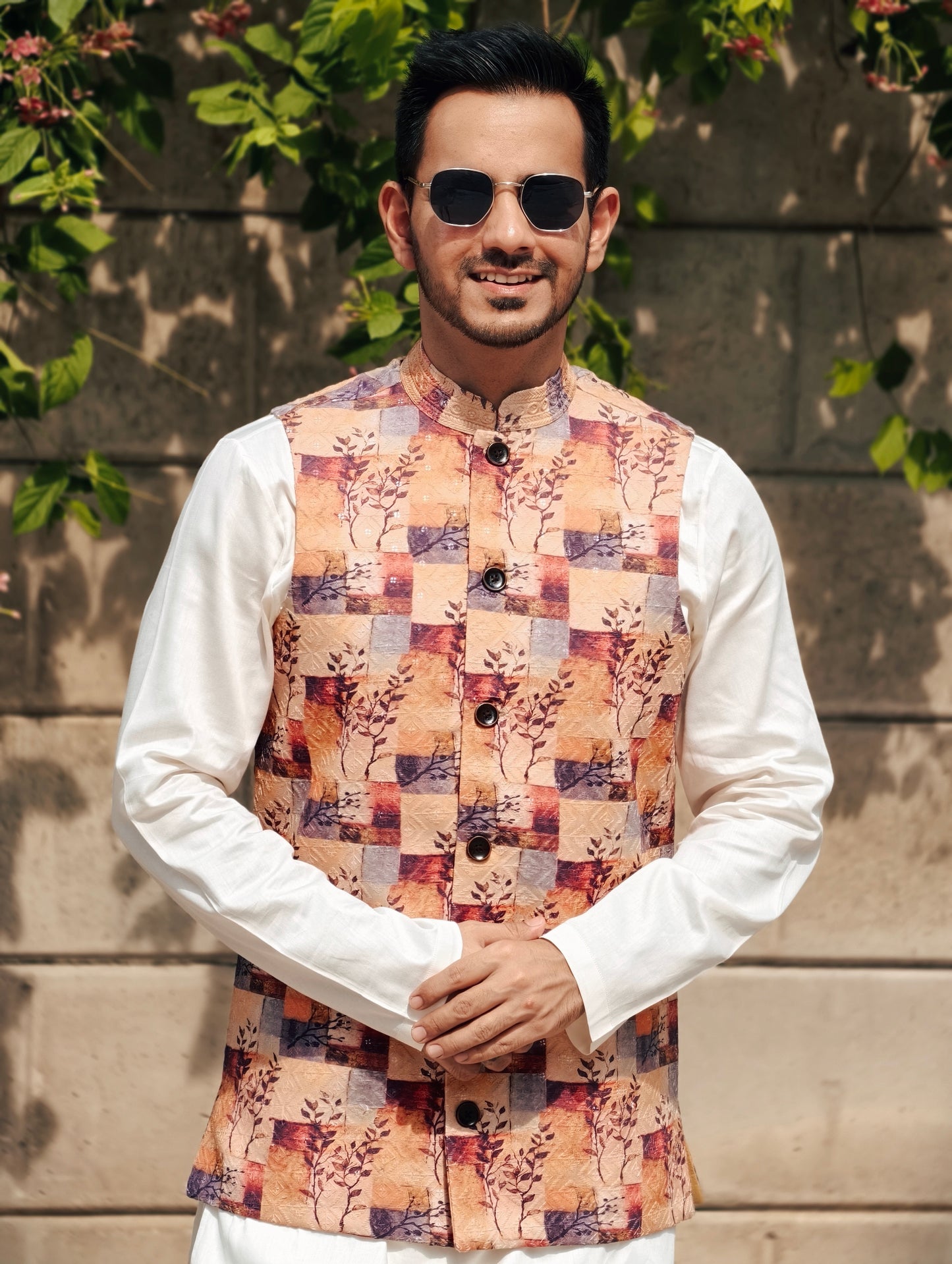 Men’s Printed Nehru Jacket – Multicolor Art Block Design