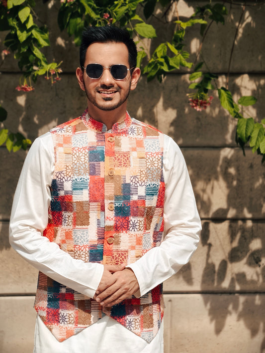 Men’s Multicolor Patchwork Print Nehru Jacket – Festive Fusion Wear