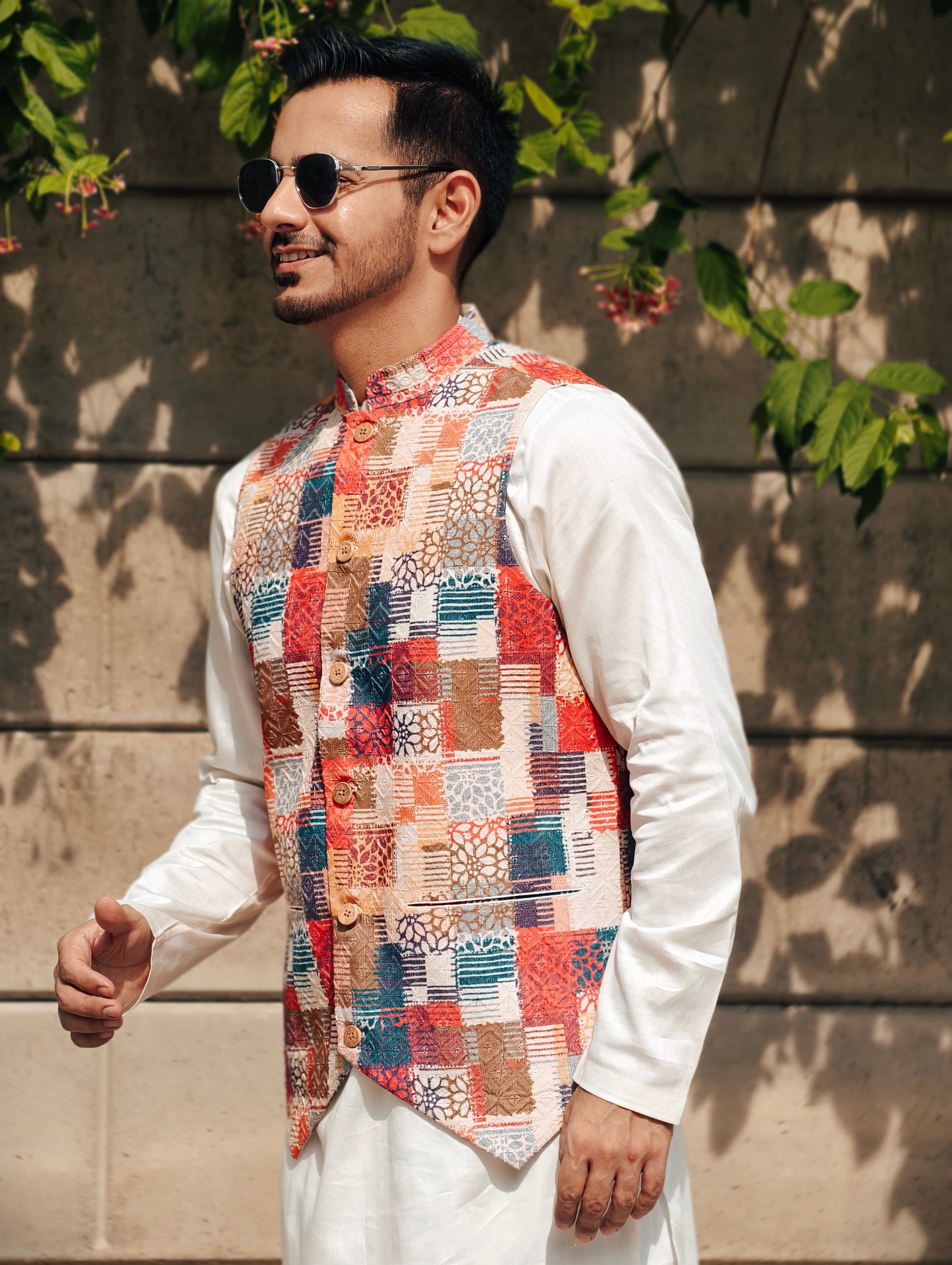 Men’s Multicolor Patchwork Print Nehru Jacket – Festive Fusion Wear