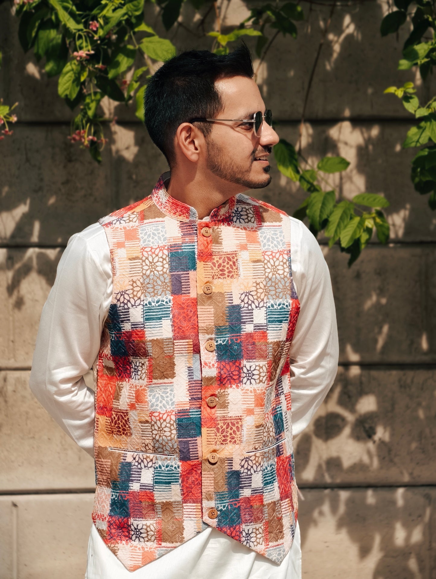 Men’s Multicolor Patchwork Print Nehru Jacket – Festive Fusion Wear
