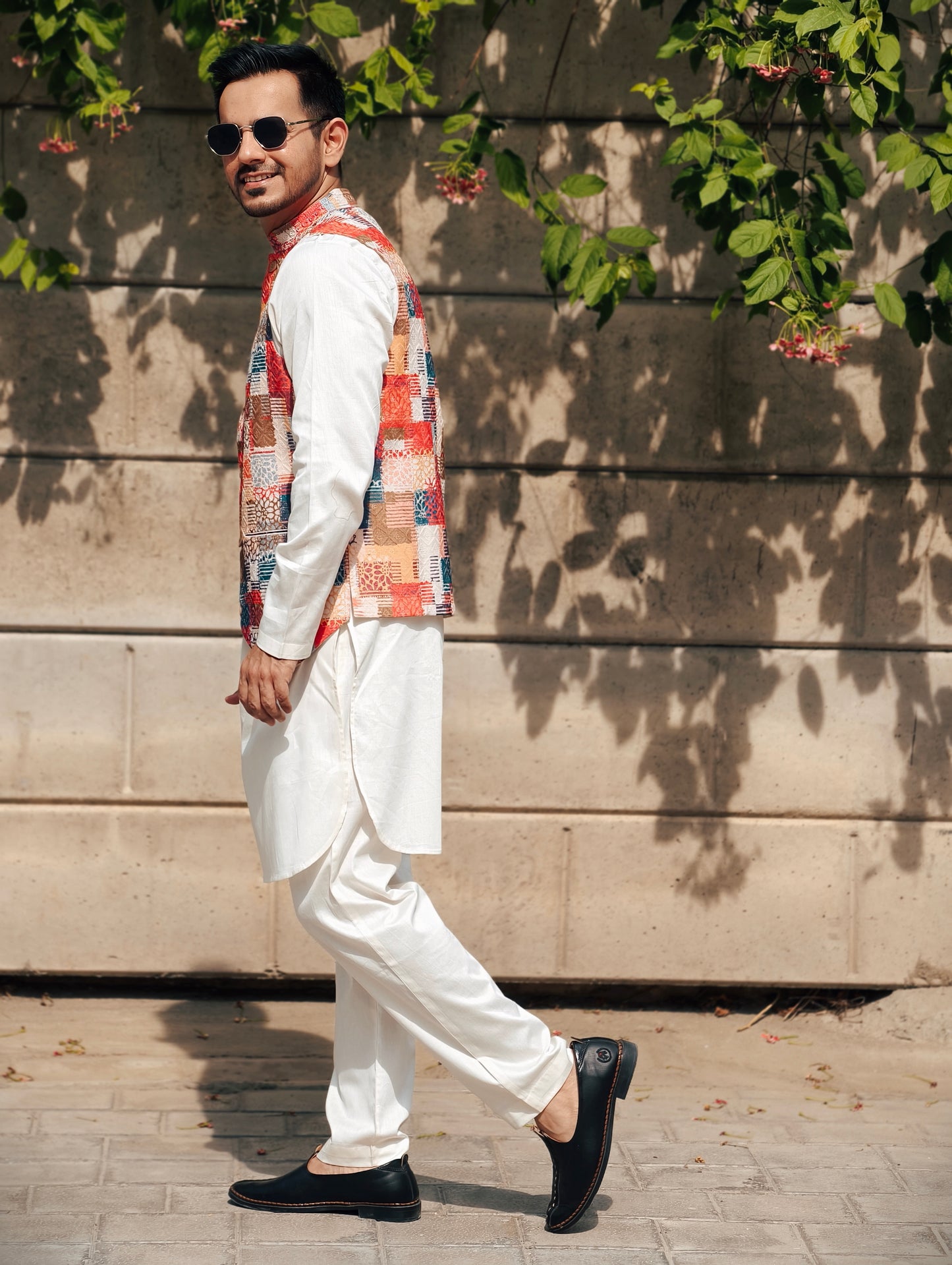 Men’s Cream Kurta Pajama Set with Multicolor Printed Nehru Jacket