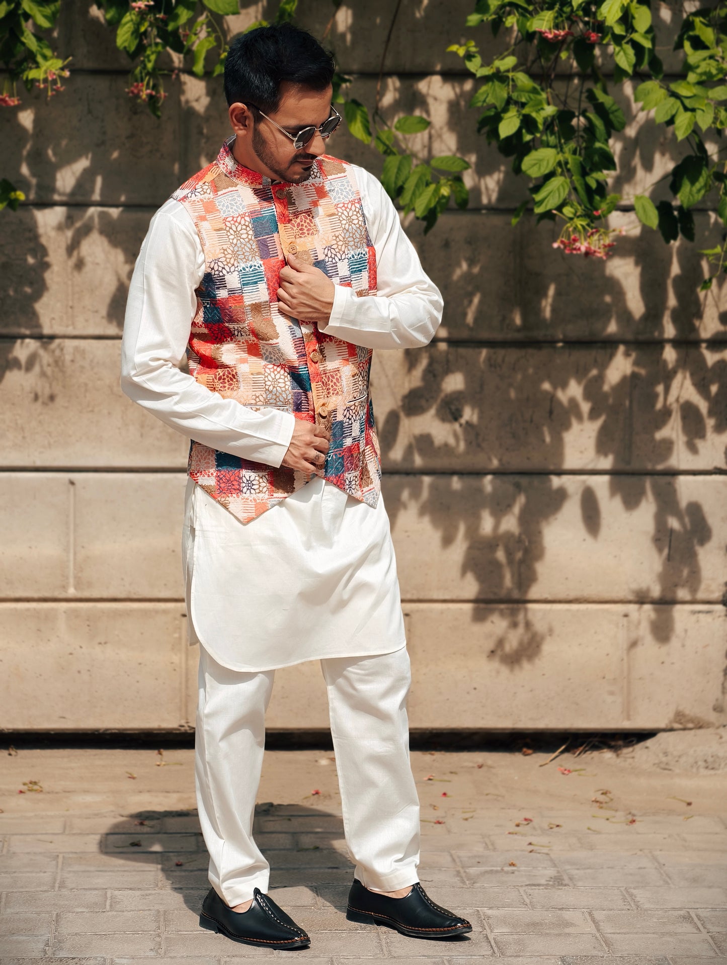 Men’s Cream Kurta Pajama Set with Multicolor Printed Nehru Jacket