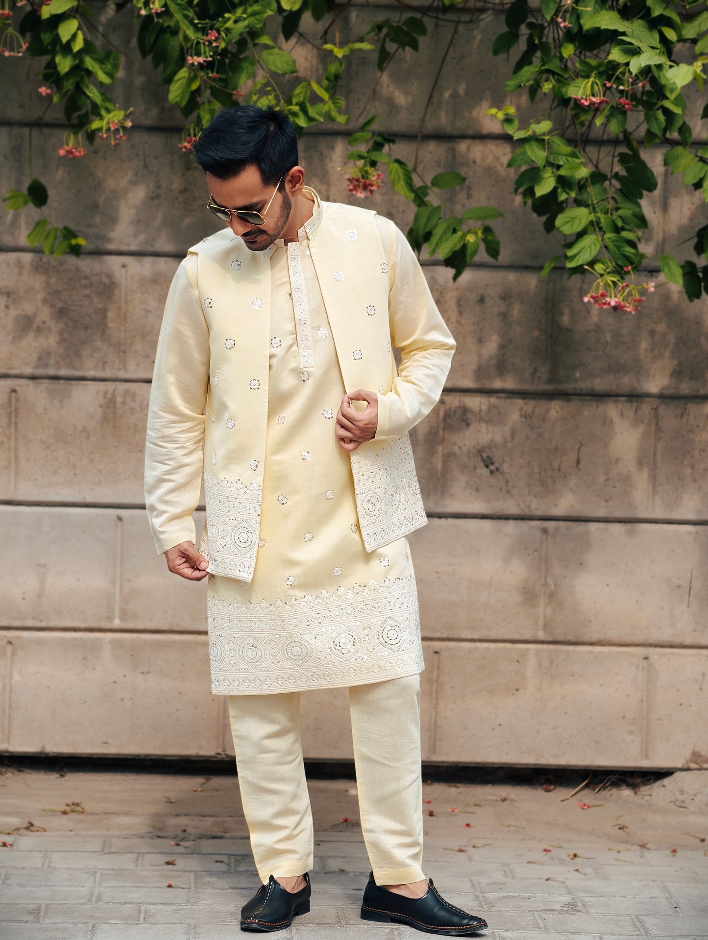 Regal Cream Embroidered Kurta Set with Jacket – Luxe Heritage Collection