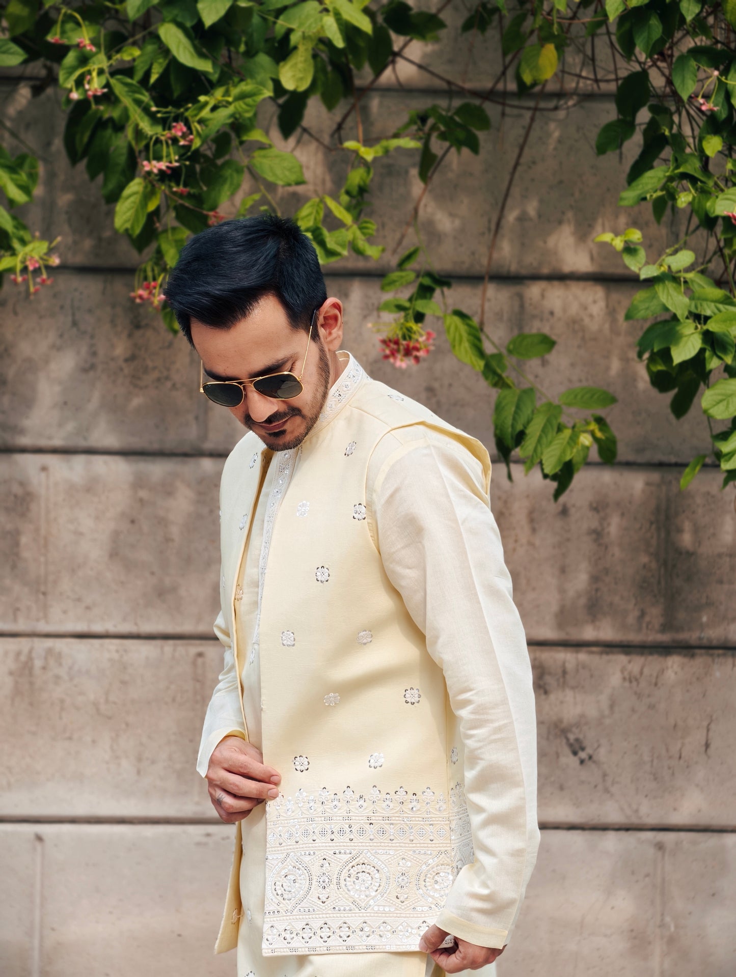 Regal Cream Embroidered Kurta Set with Jacket – Luxe Heritage Collection