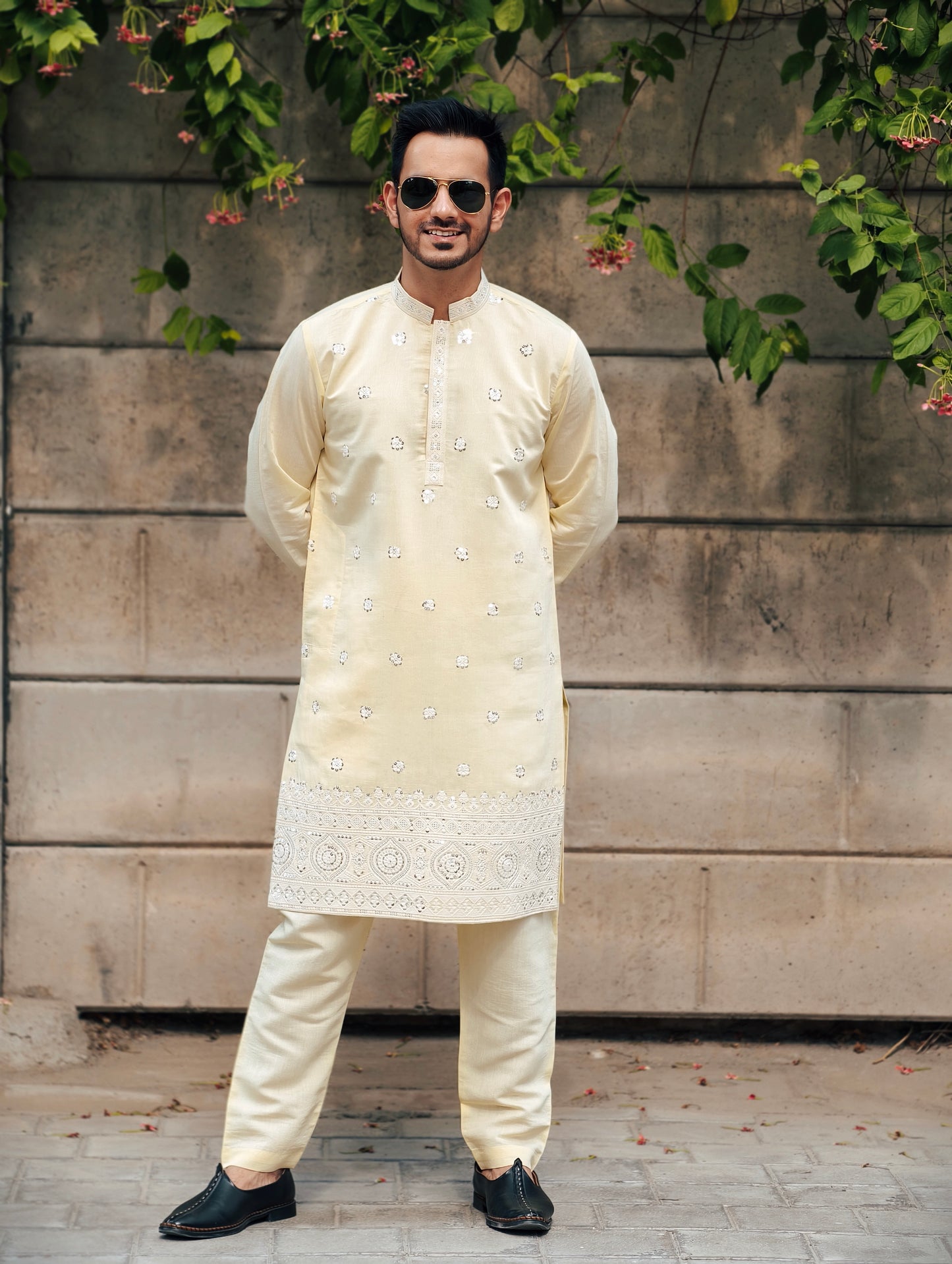 Regal Cream Embroidered Kurta Set with Jacket – Luxe Heritage Collection