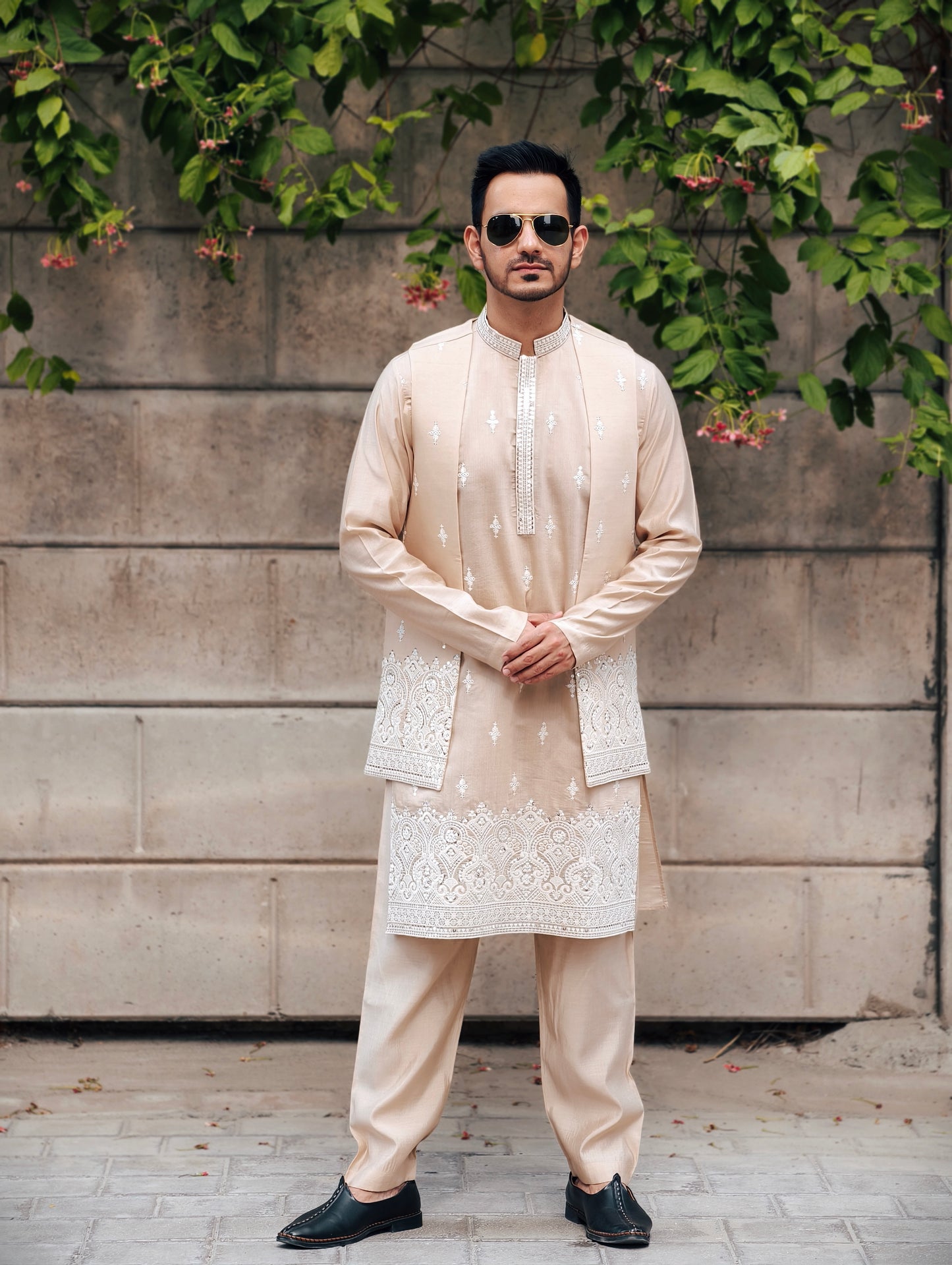Men’s Festive English Beige Silk Kurta, Pajama & Embroidered Jacket Set