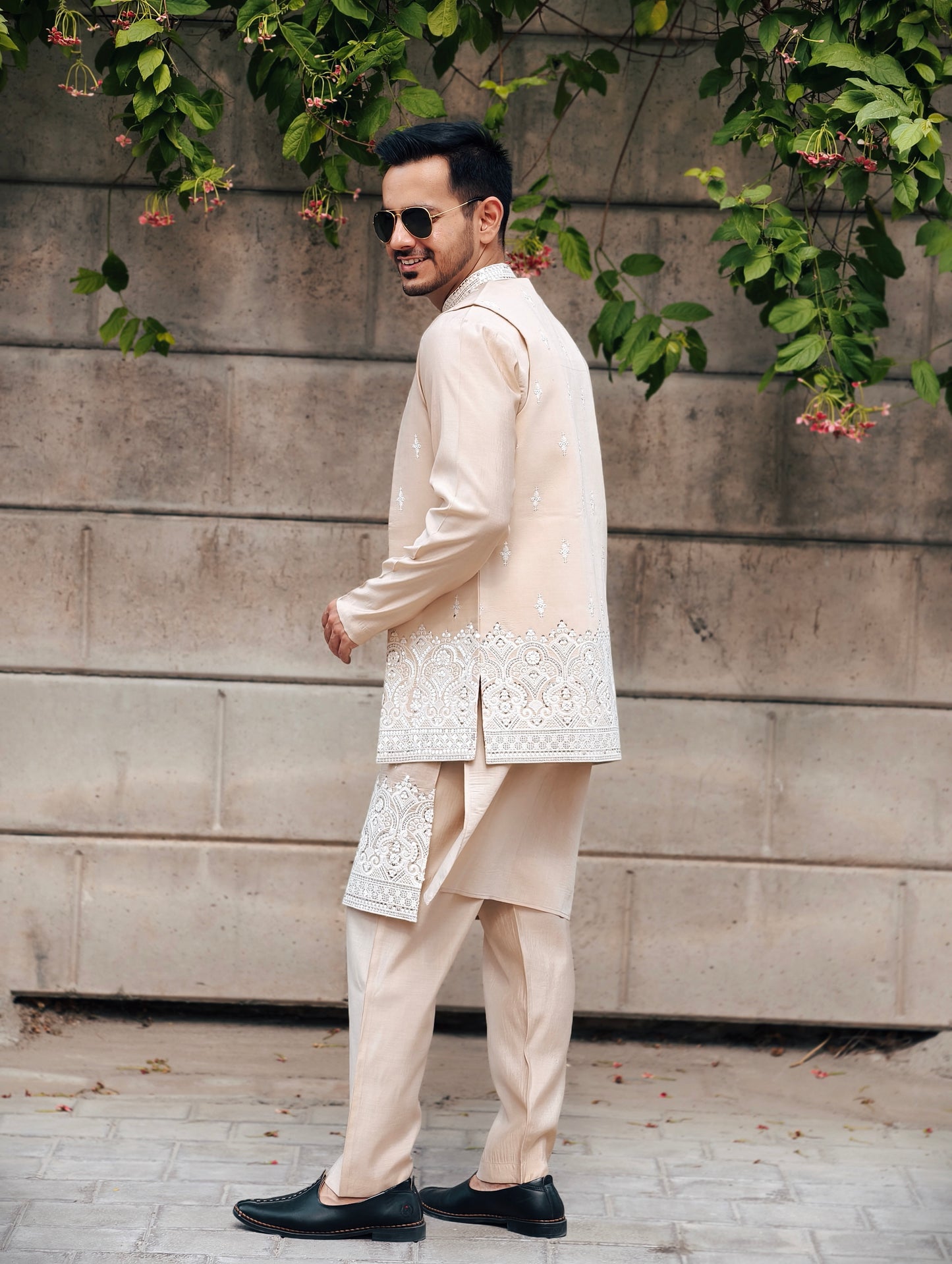 Men’s Festive English Beige Silk Kurta, Pajama & Embroidered Jacket Set