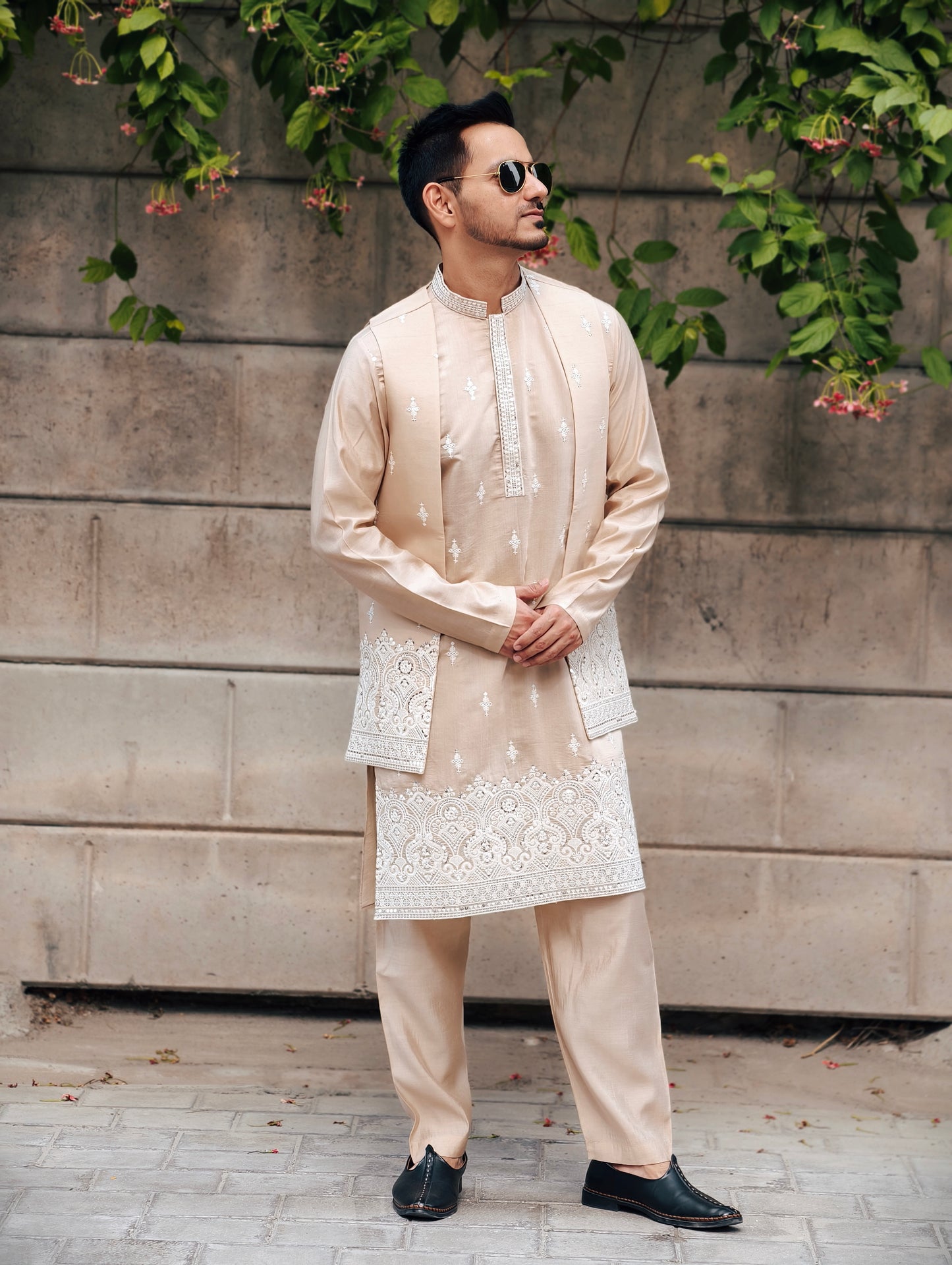 Men’s Festive English Beige Silk Kurta, Pajama & Embroidered Jacket Set