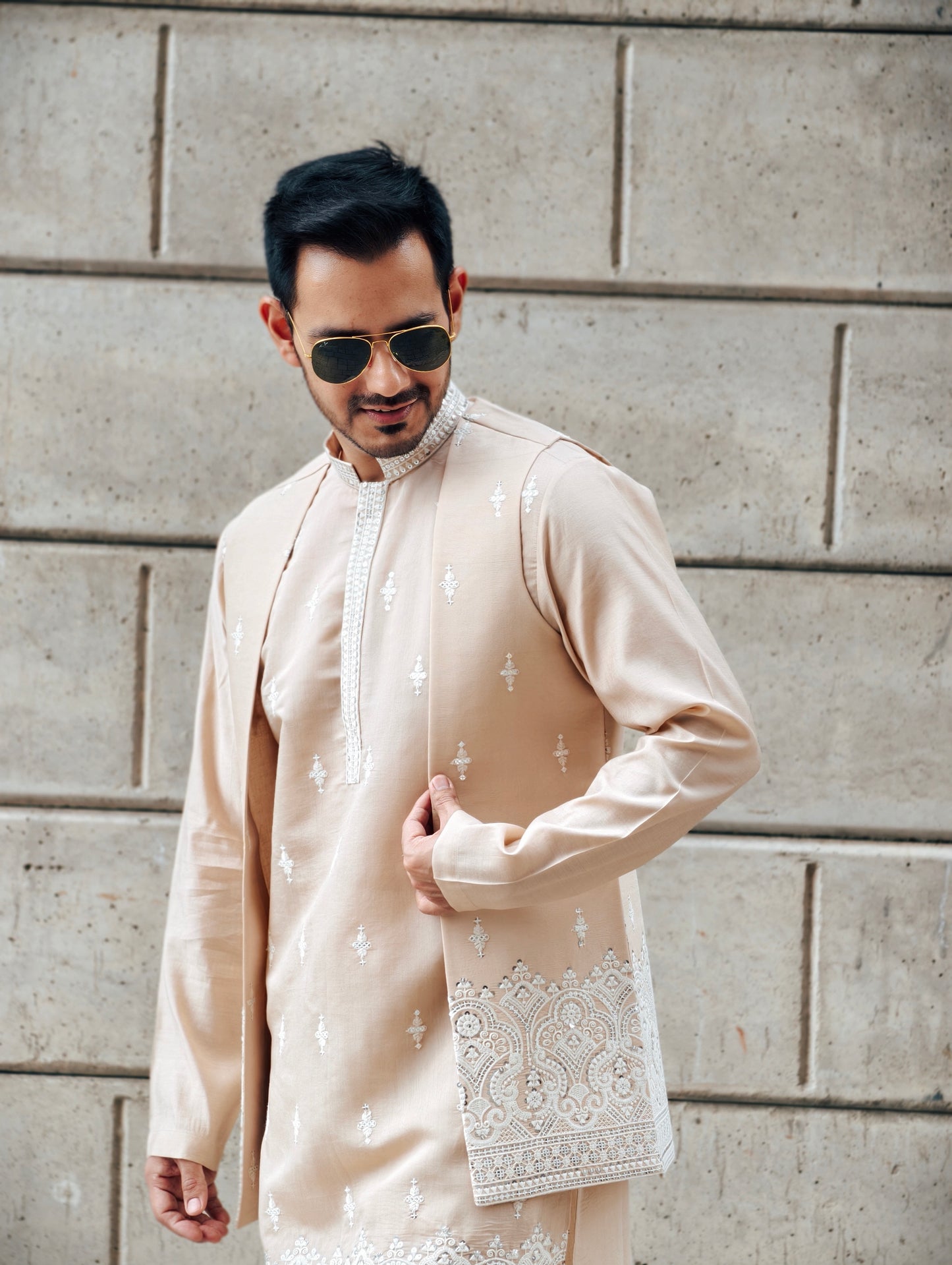 Men’s Festive English Beige Silk Kurta, Pajama & Embroidered Jacket Set