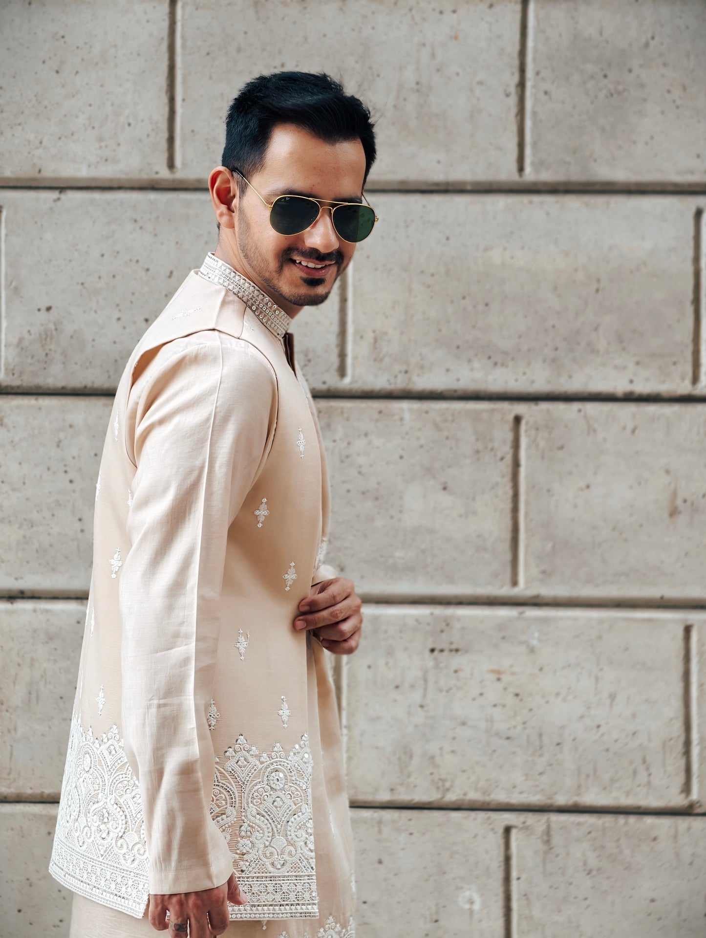 Men’s Festive English Beige Silk Kurta, Pajama & Embroidered Jacket Set