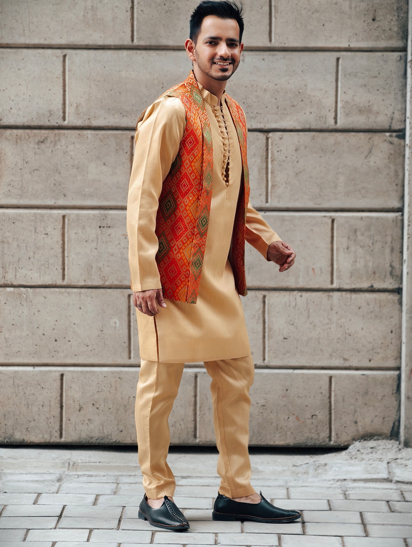 Men's Gold Silk Kurta Pants Set with Banarasi Multicolor Split Jacket