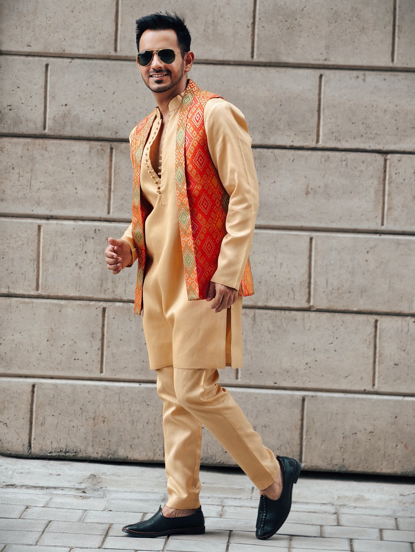 Men's Gold Silk Kurta Pants Set with Banarasi Multicolor Split Jacket