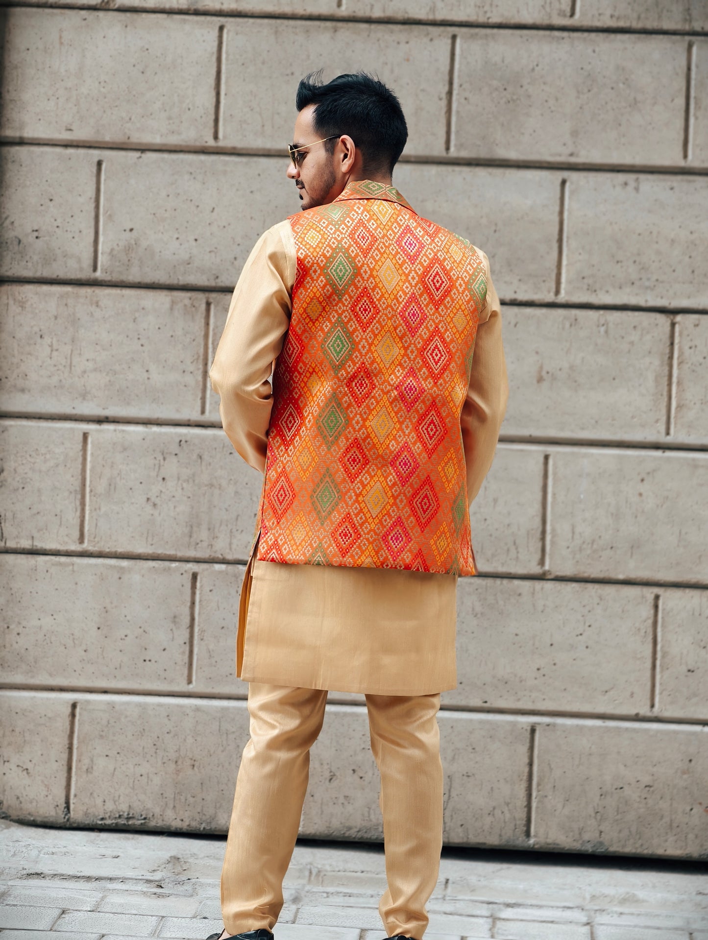 Men's Gold Silk Kurta Pants Set with Banarasi Multicolor Split Jacket
