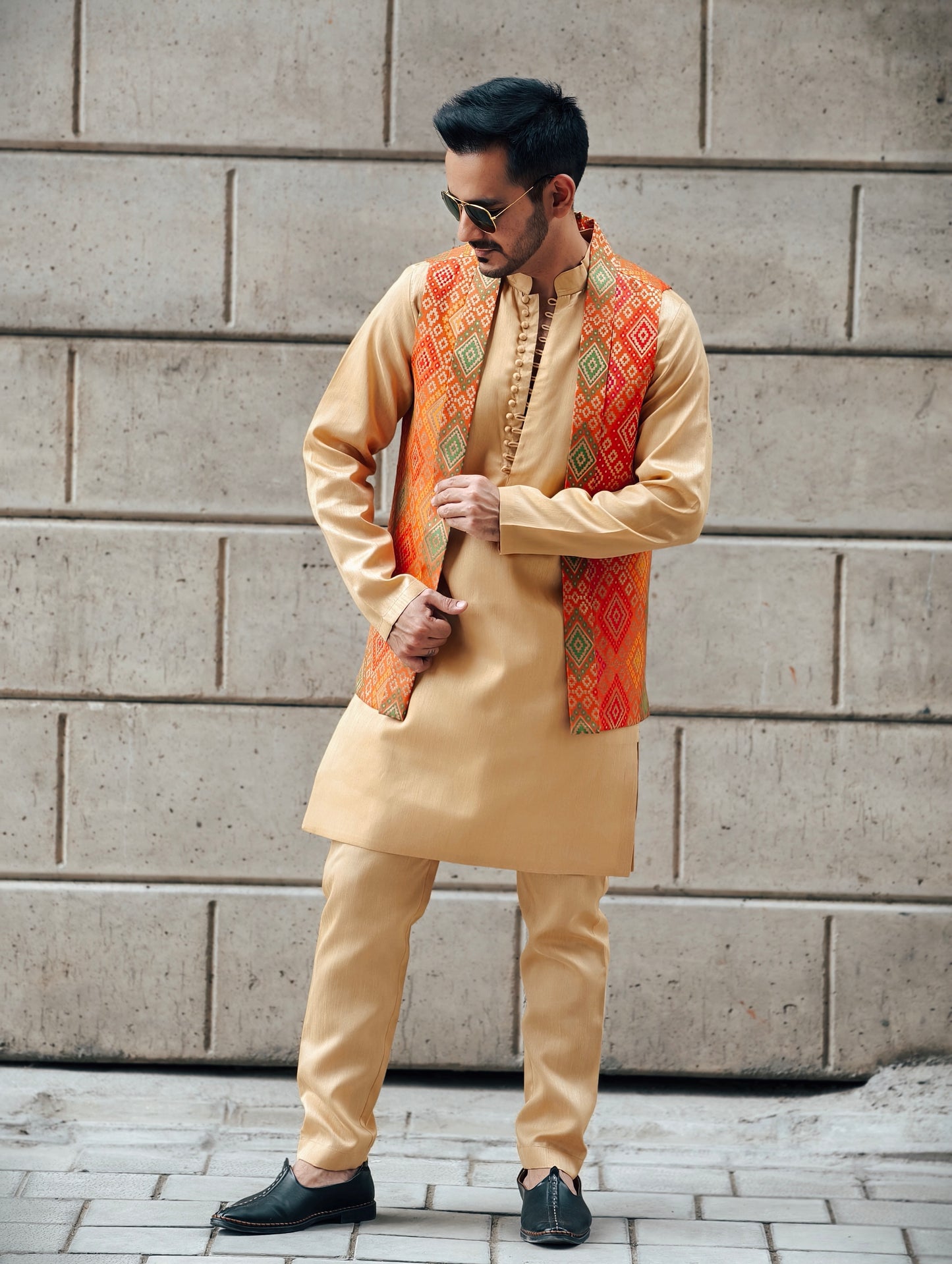 Men's Gold Silk Kurta Pants Set with Banarasi Multicolor Split Jacket