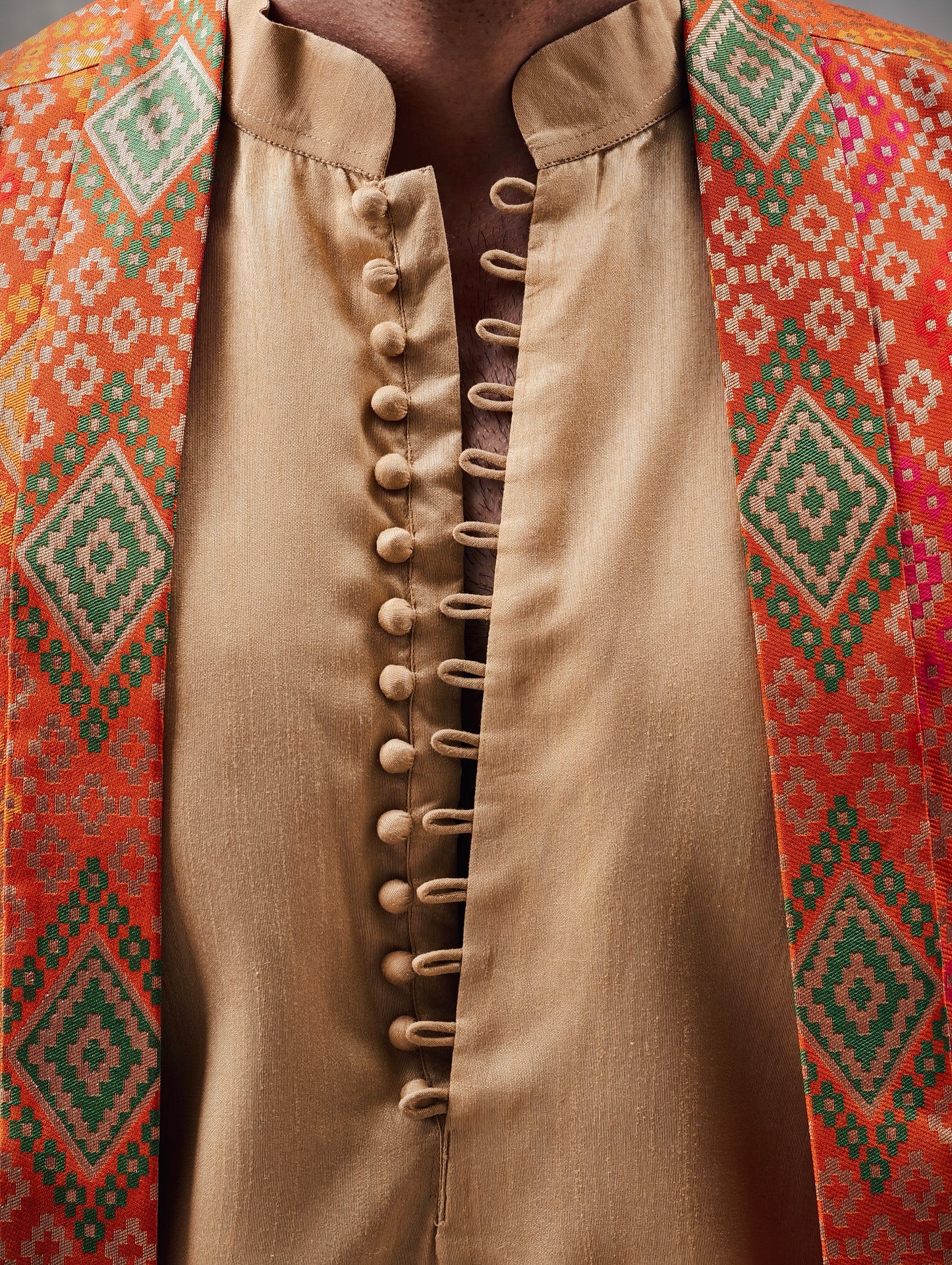 Men's Gold Silk Kurta Pants Set with Banarasi Multicolor Split Jacket