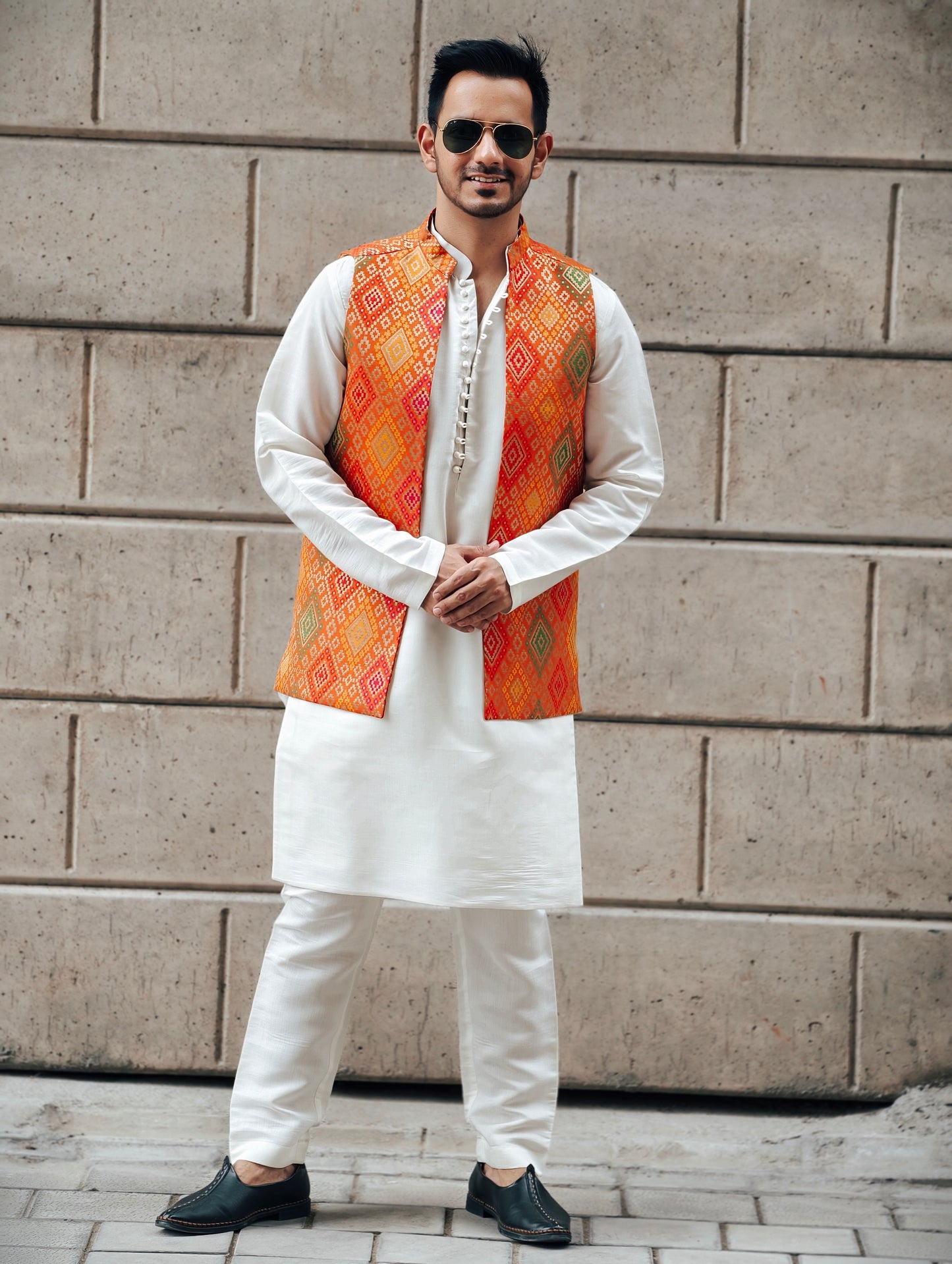 Men's Off-White Silk Kurta Pants Set with Banarasi Multicolor Open Nehru Jacket