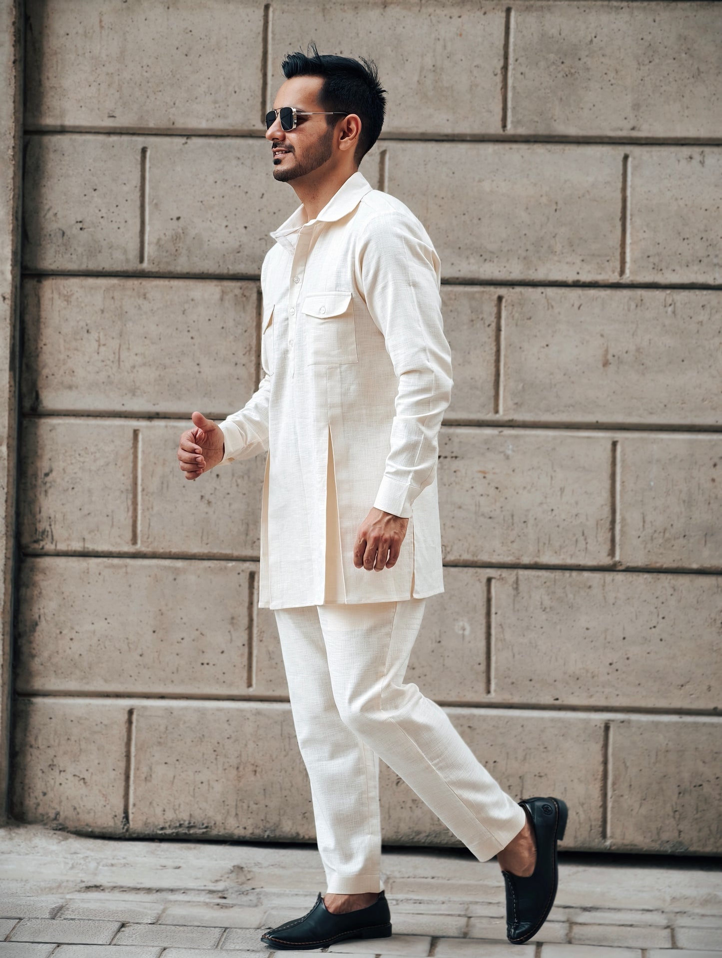 Light Beige Kurta-Pajama with Pocket Detailing