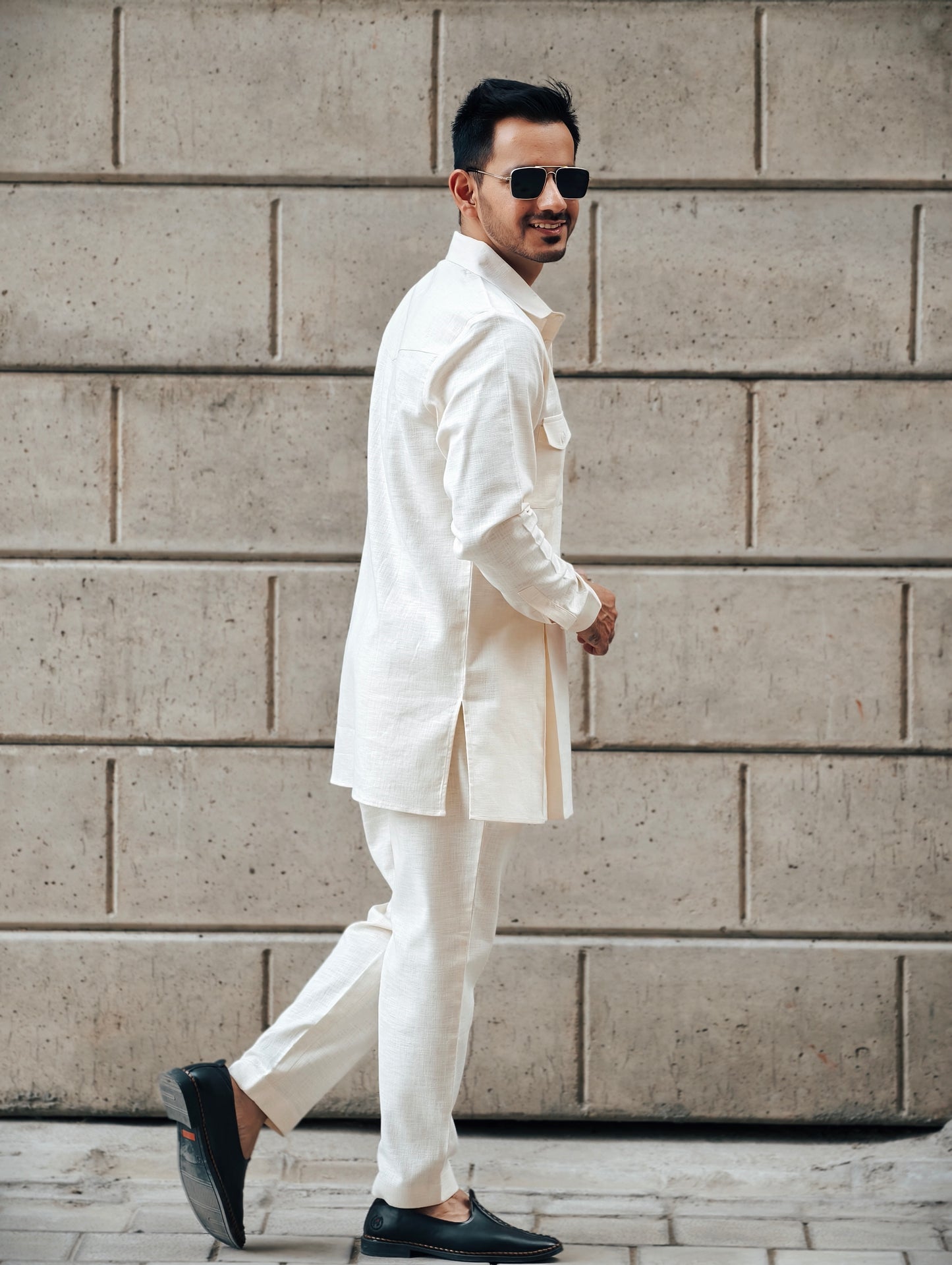 Light Beige Kurta-Pajama with Pocket Detailing
