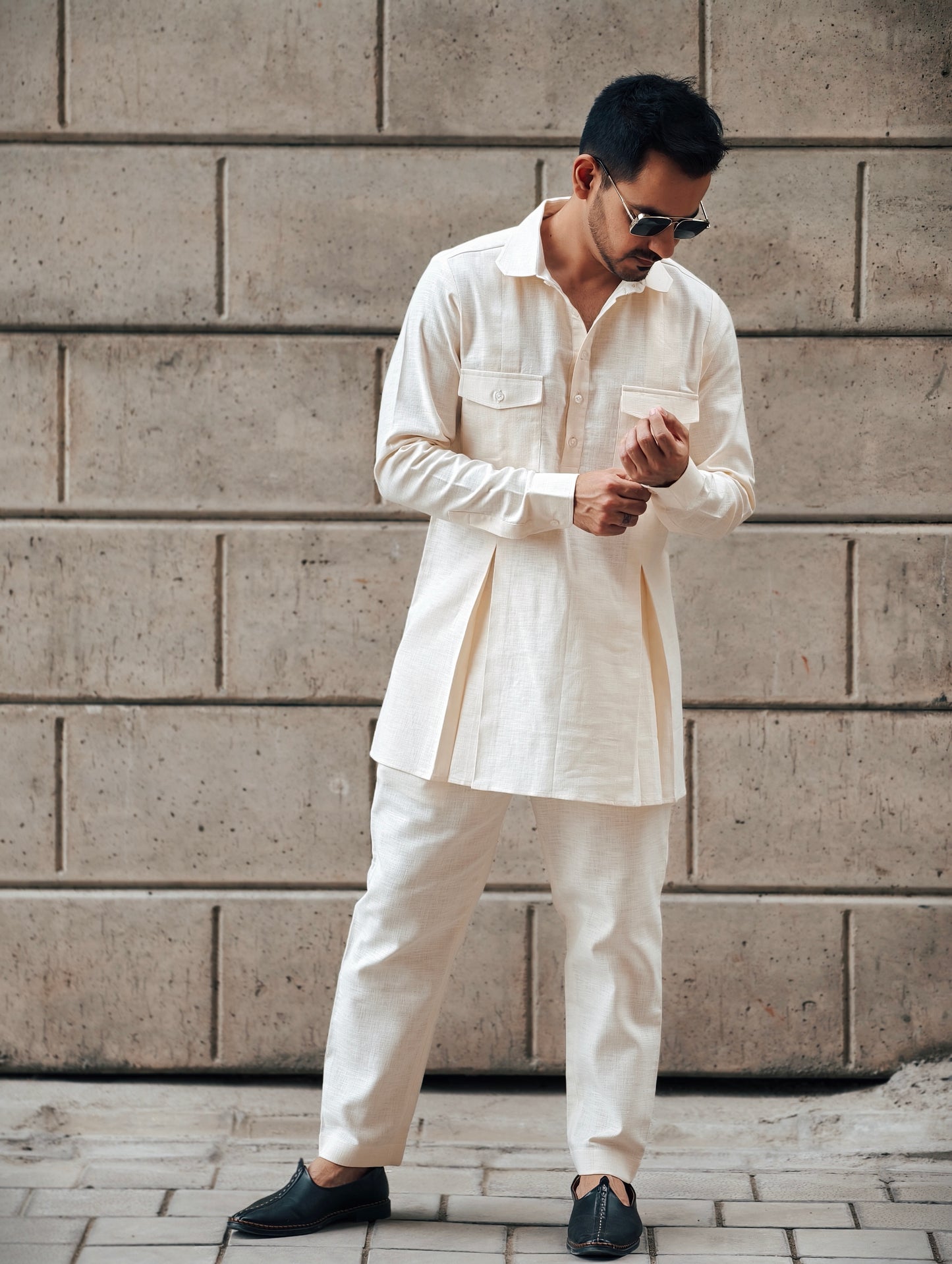 Light Beige Kurta-Pajama with Pocket Detailing