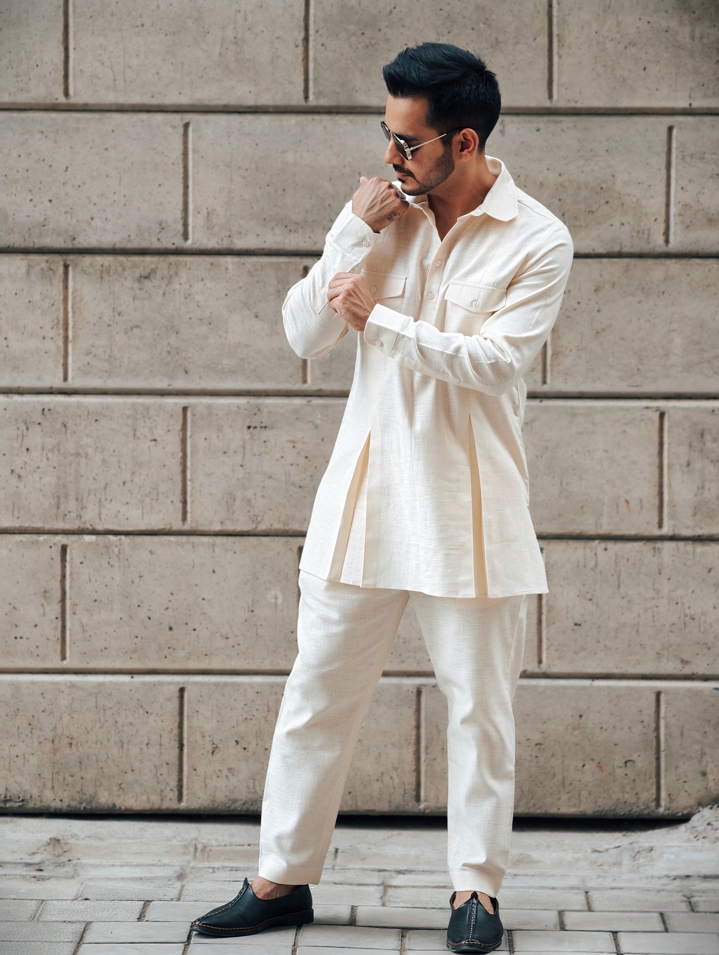 Light Beige Kurta-Pajama with Pocket Detailing