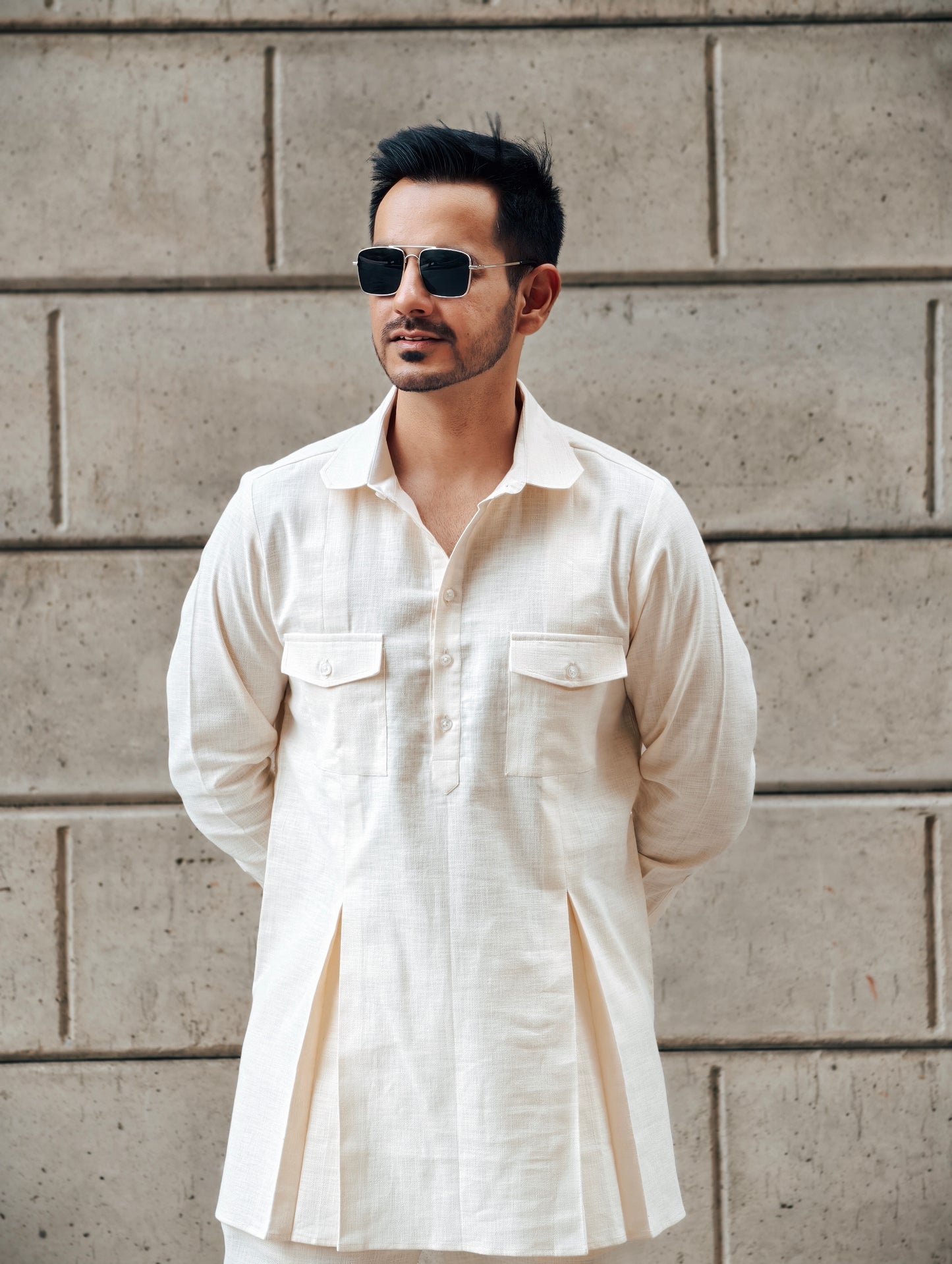 Light Beige Kurta-Pajama with Pocket Detailing