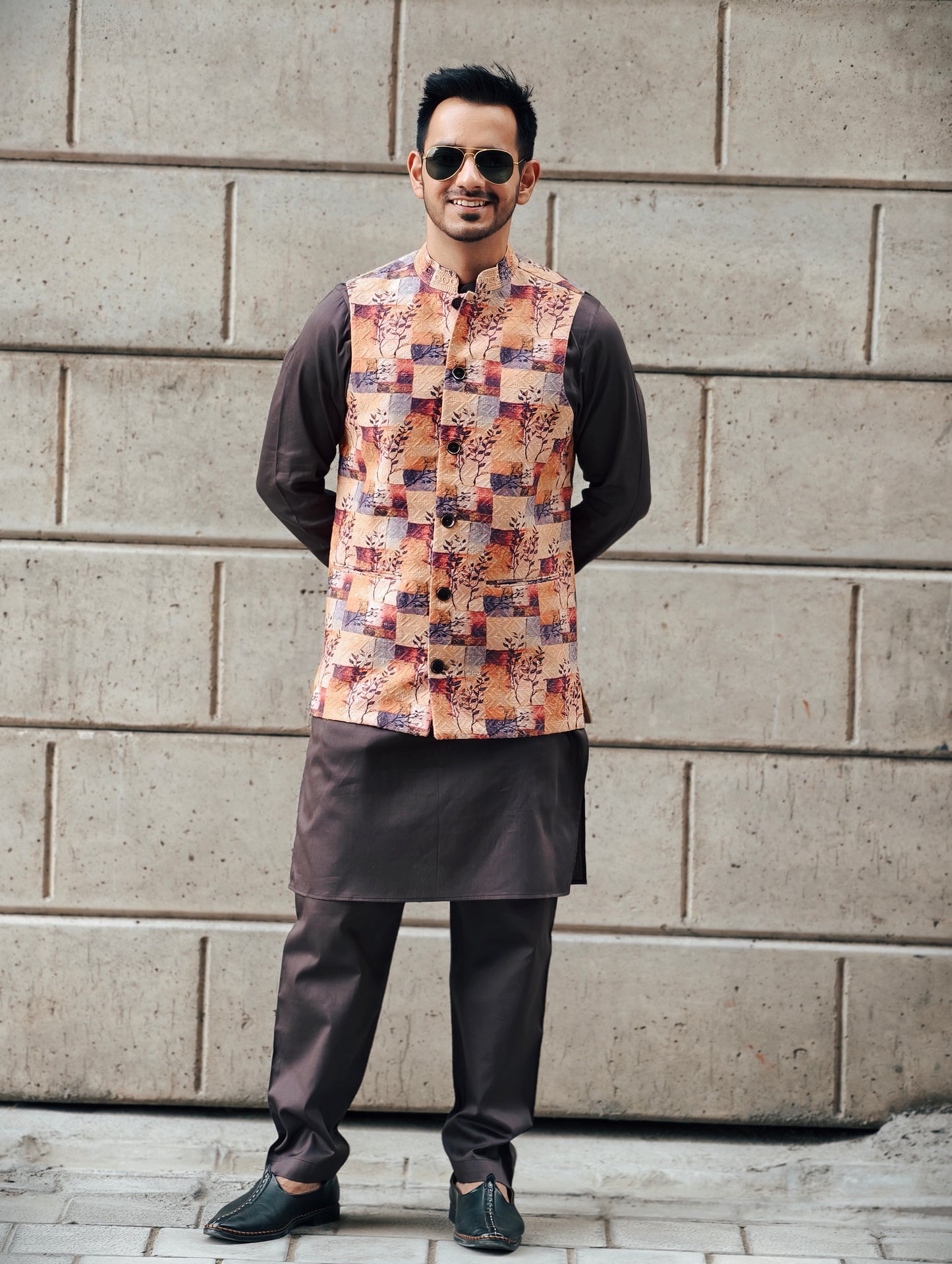 Men’s Dark Brown Mandarin Kurta Pajama Set with Multicolor Art Block Nehru Jacket