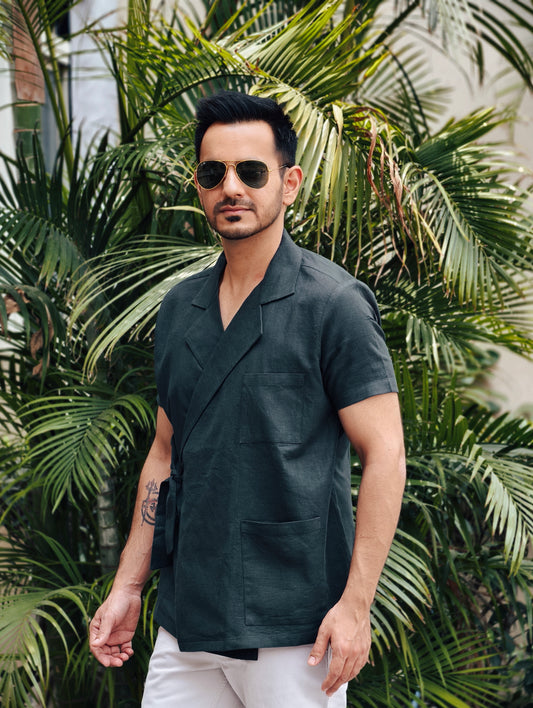 Men’s Dark Green Wrapped Jacket Style Knot Shirt