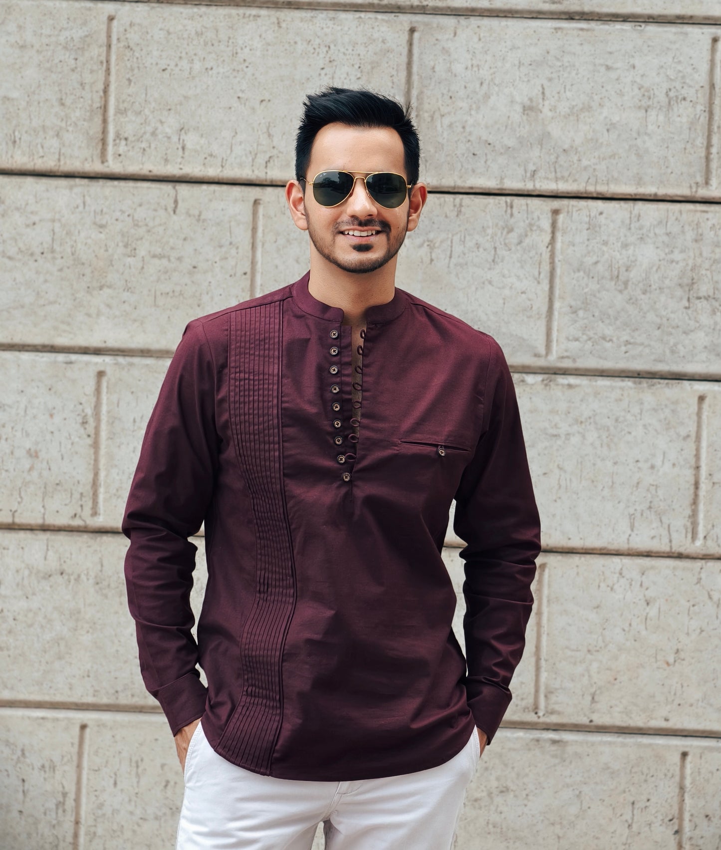 Men’s Maroon Looped Neck Pintex Kurta Shirt
