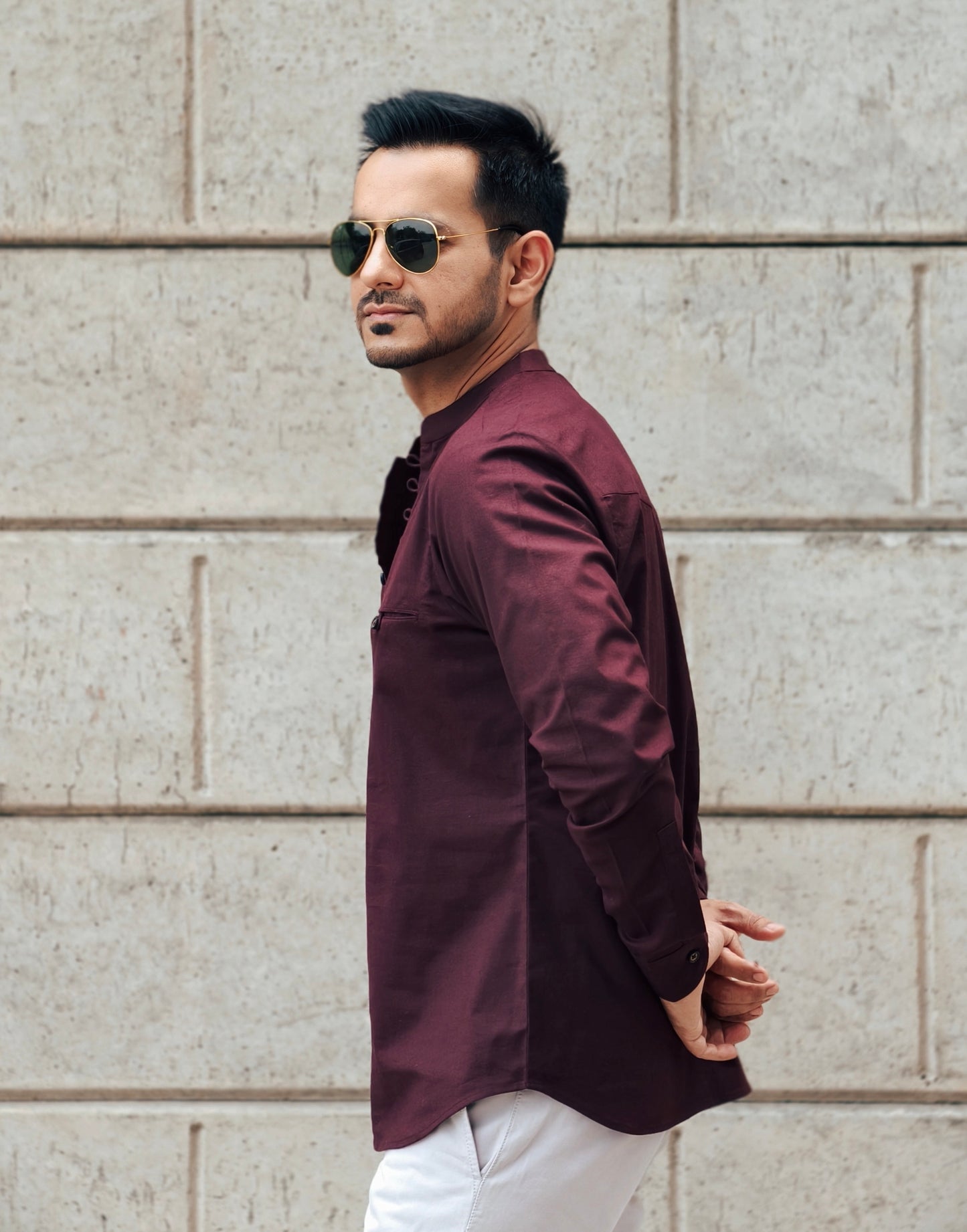 Men’s Maroon Looped Neck Pintex Kurta Shirt