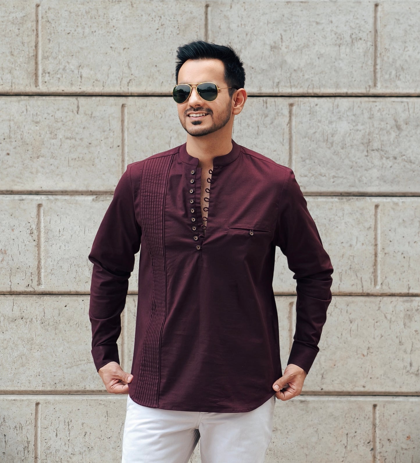 Men’s Maroon Looped Neck Pintex Kurta Shirt