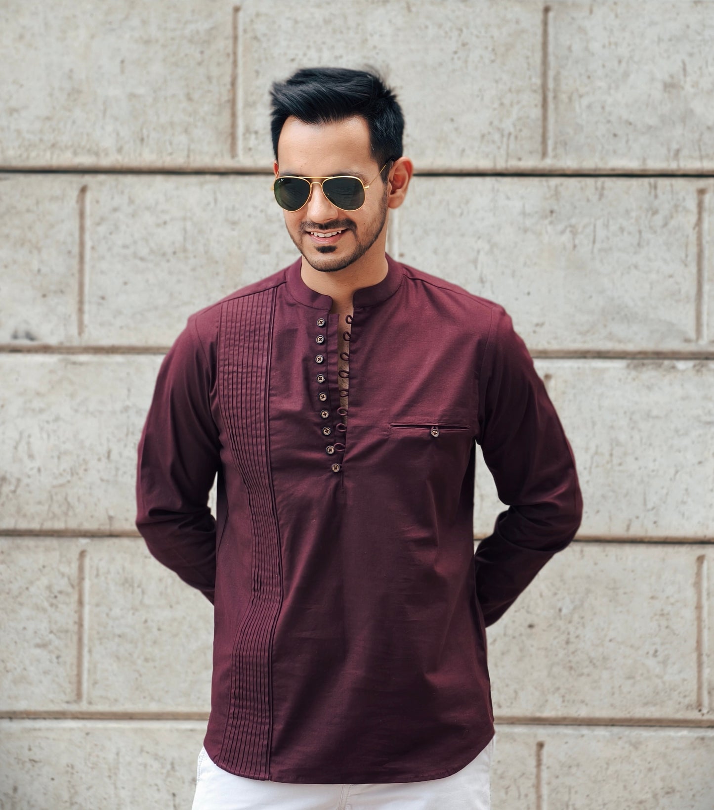 Men’s Maroon Looped Neck Pintex Kurta Shirt